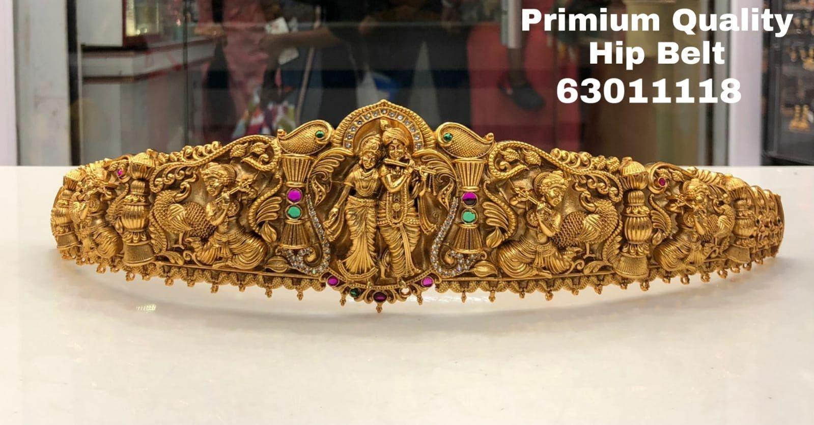 Real unpolished stones Krishna Radha Kempu ruby/emerald in gold antique finish Vadanam/Vodiannam/waistbelt 10504N - Griiham