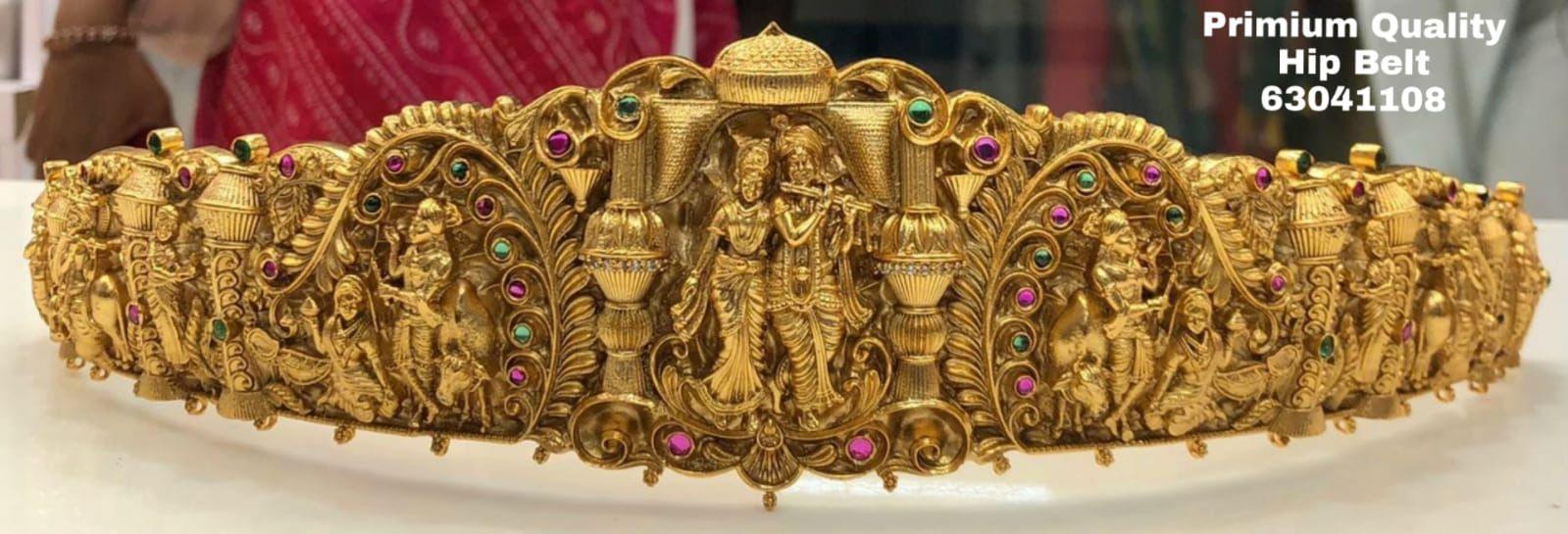 Real unpolished stones Krishna Radha Kempu ruby/emerald in gold antique finish Vadanam/Vodiannam/waistbelt 10505N - Griiham