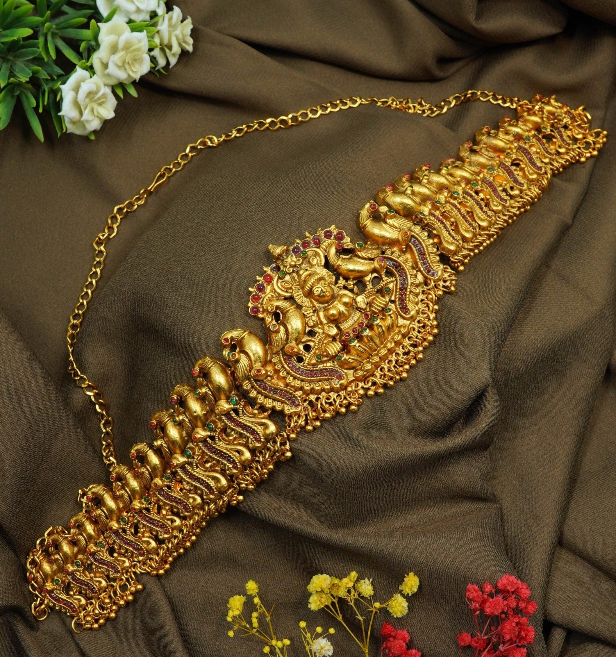 Real unpolished stones Laxmi ruby/emerald in gold antique finish Vadanam/Vodiannam/waistbelt 10450N - Griiham