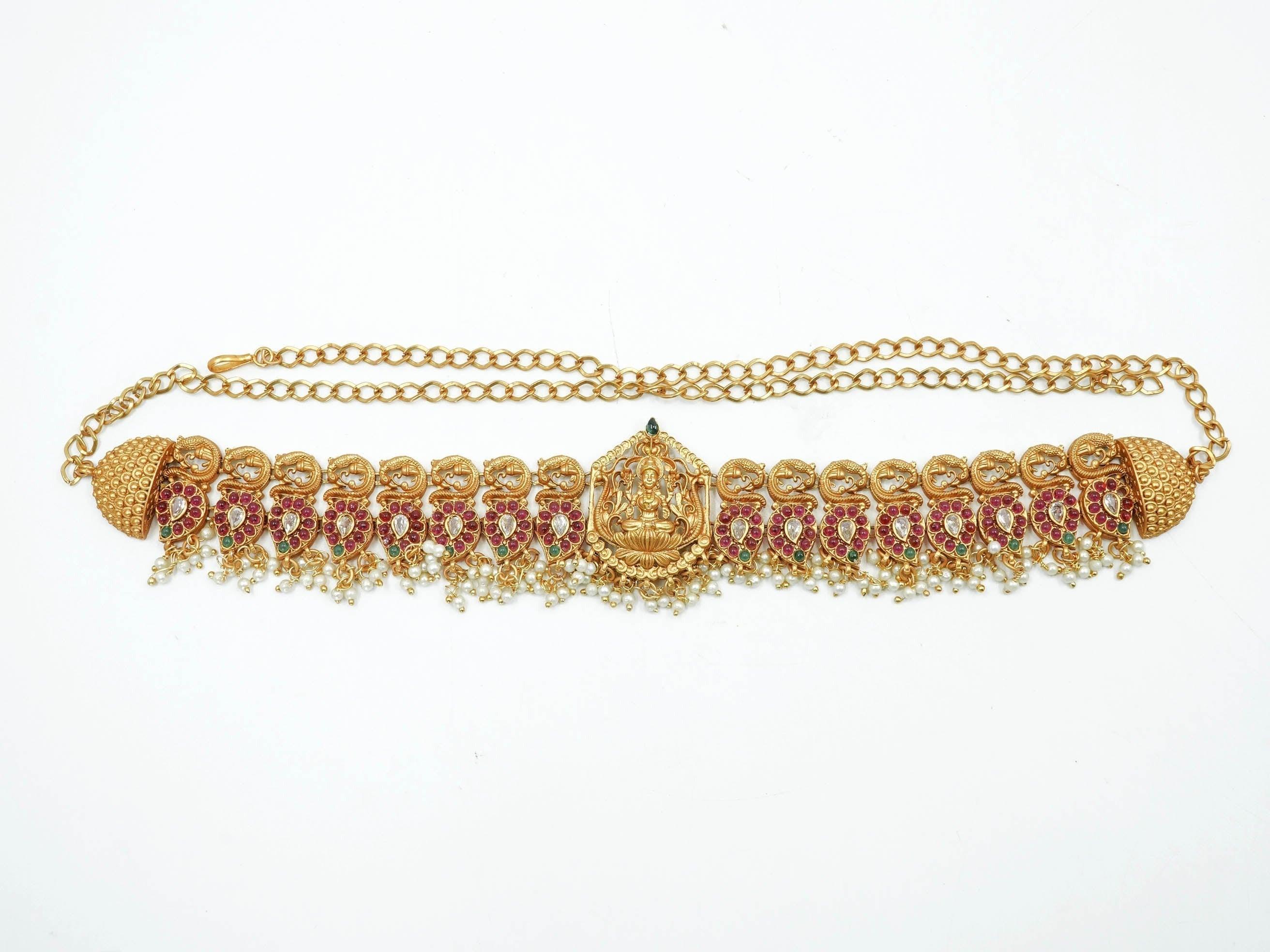 Real unpolished stones Laxmi ruby/emerald in gold antique finish Vadanam/Vodiannam/waistbelt 10451N - Griiham