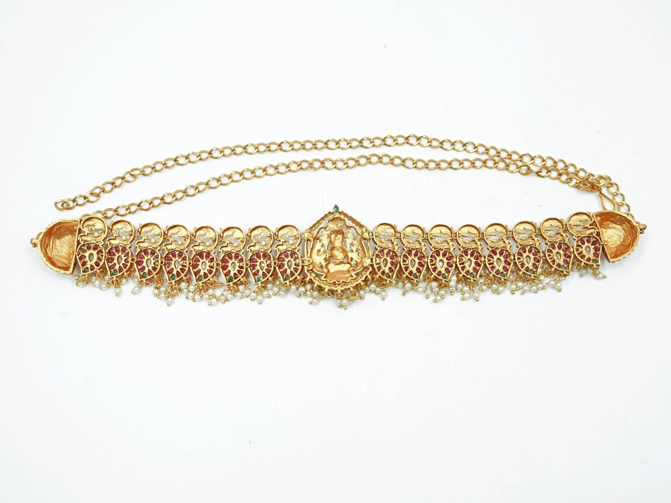 Real unpolished stones Laxmi ruby/emerald in gold antique finish Vadanam/Vodiannam/waistbelt 10451N - Griiham