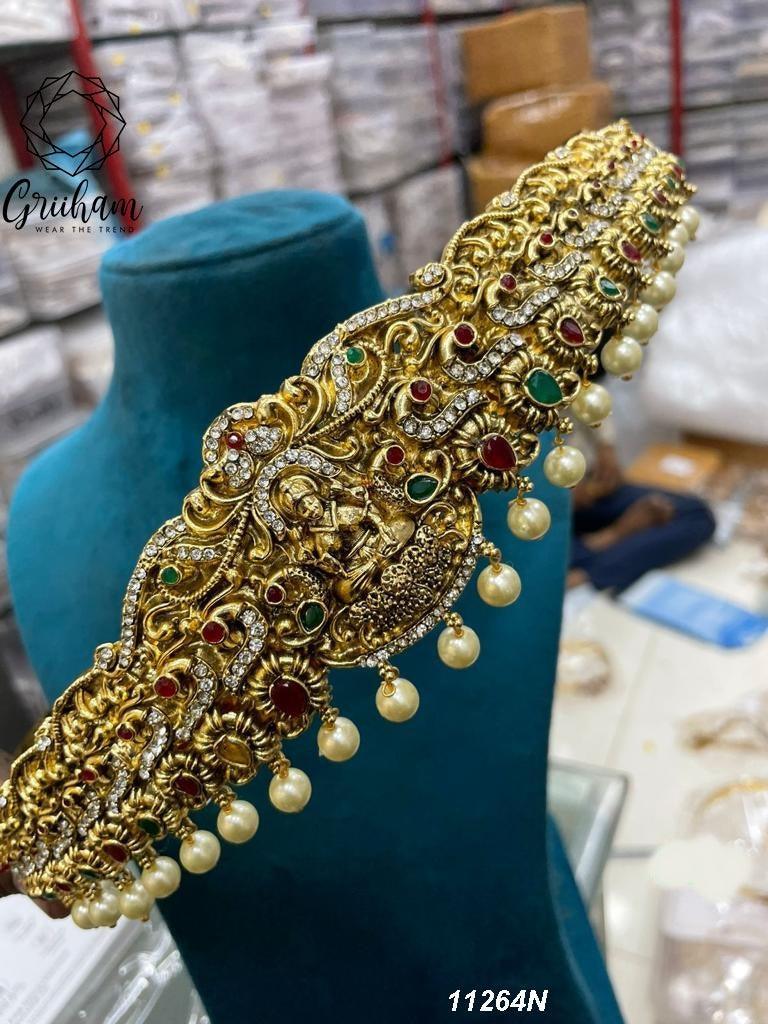 Real unpolished stones Laxmi ruby/emerald in gold antique finish Vadanam/Vodiannam/waistbelt 11264N - Griiham