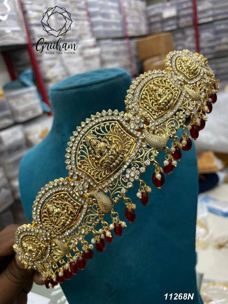 Real unpolished stones Laxmi ruby/emerald in gold antique finish Vadanam/Vodiannam/waistbelt 11268N - Griiham