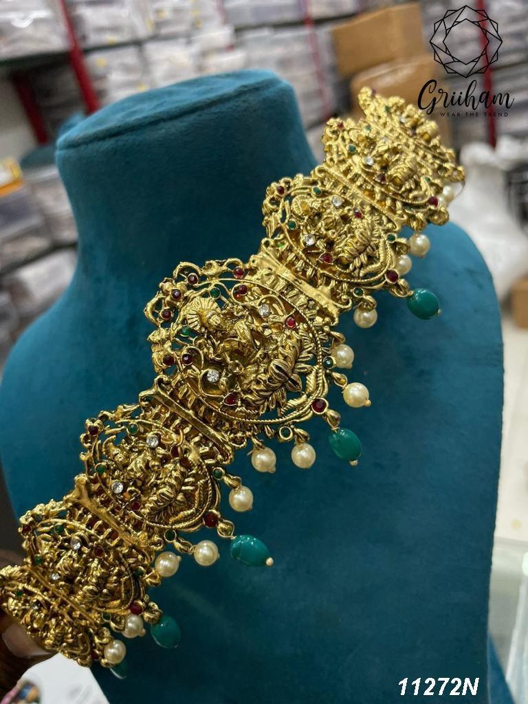 Real unpolished stones Laxmi ruby/emerald in gold antique finish Vadanam/Vodiannam/waistbelt 11272N - Griiham