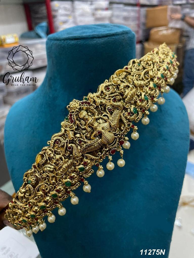 Real unpolished stones Laxmi ruby/emerald in gold antique finish Vadanam/Vodiannam/waistbelt 11275N - Griiham