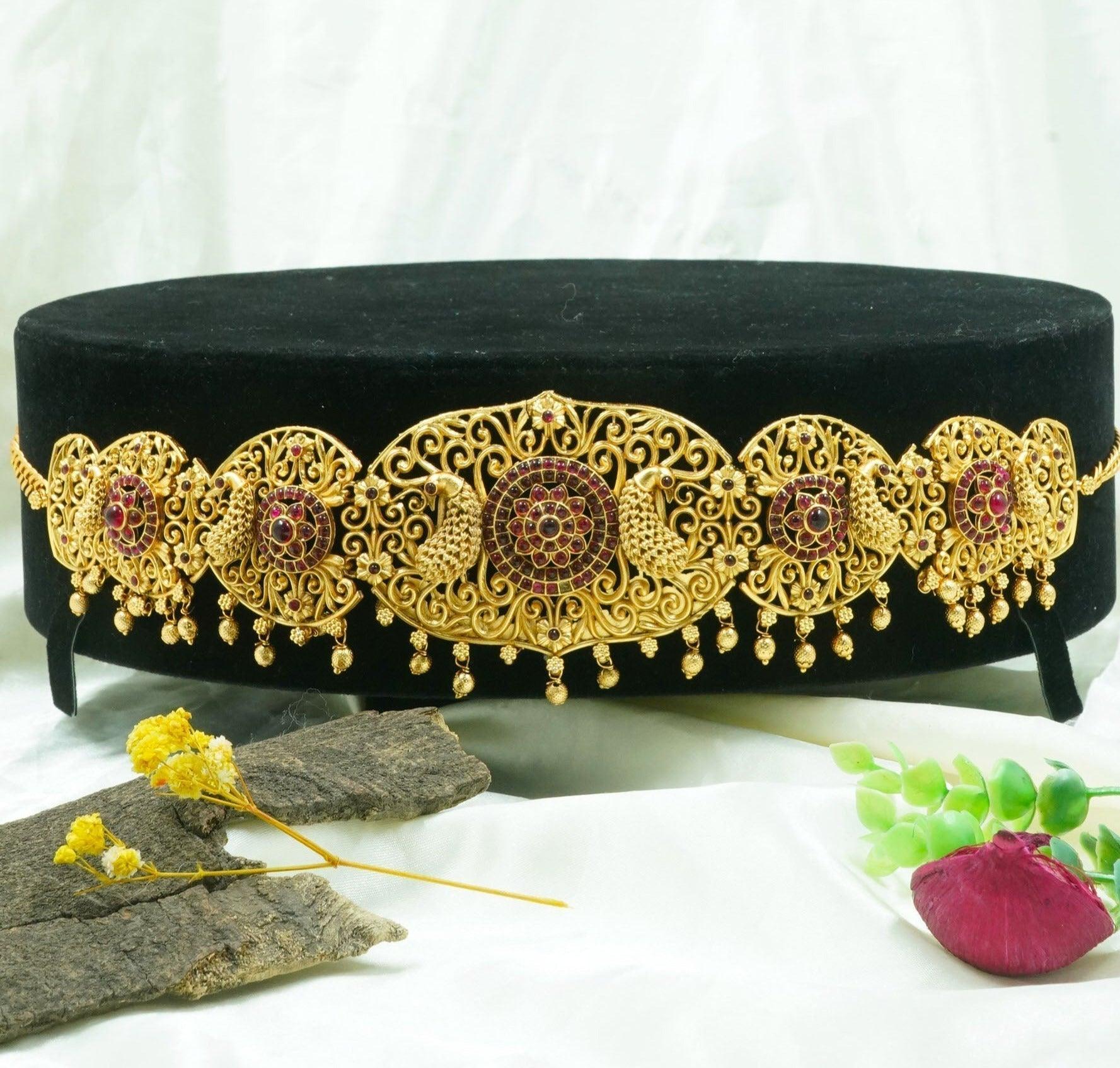 Real unpolished stones Laxmi ruby/emerald in gold antique finish Vadanam/Vodiannam/waistbelt 13039N - Griiham