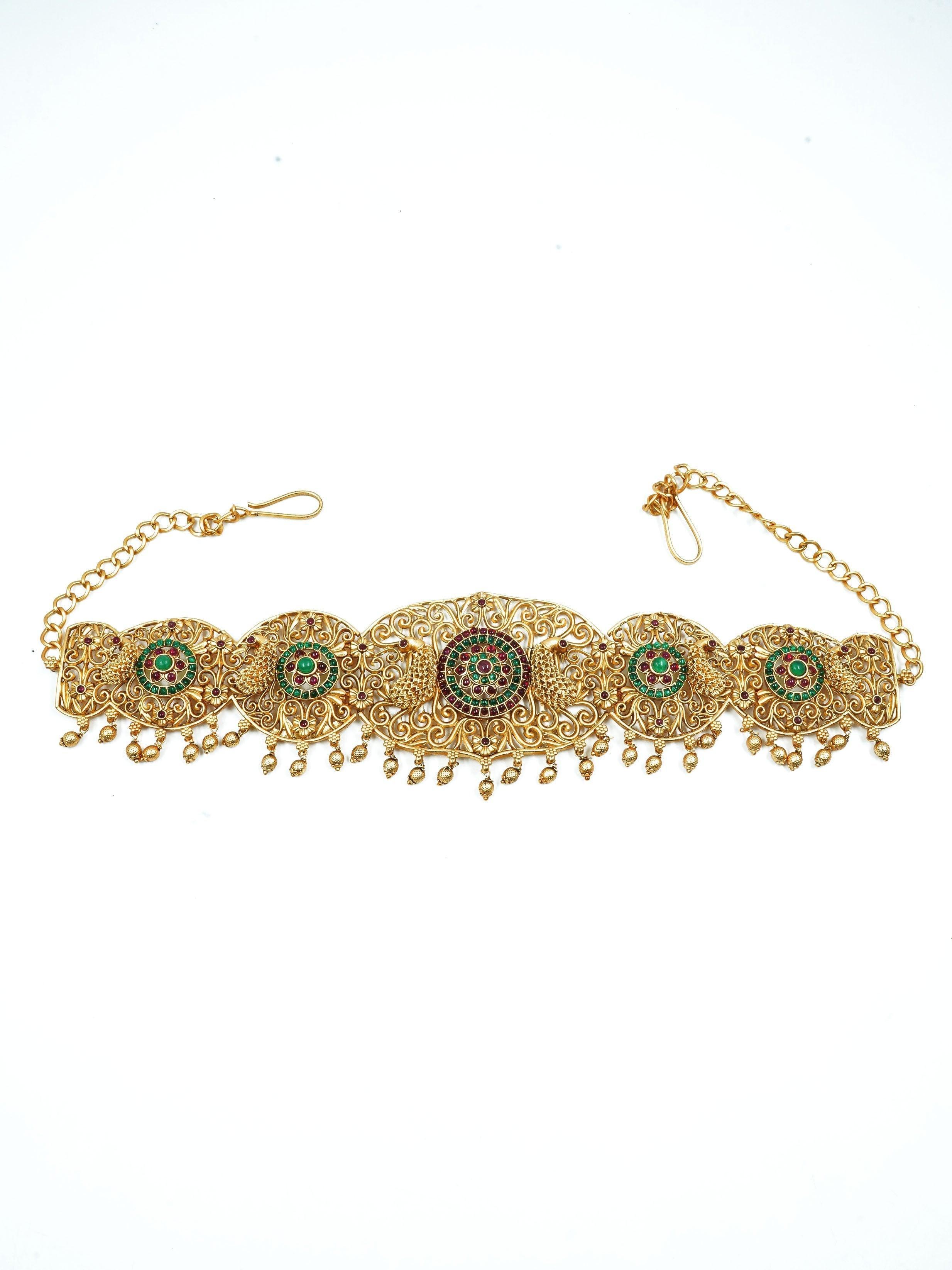 Real unpolished stones Laxmi ruby/emerald in gold antique finish Vadanam/Vodiannam/waistbelt 13040N - Griiham