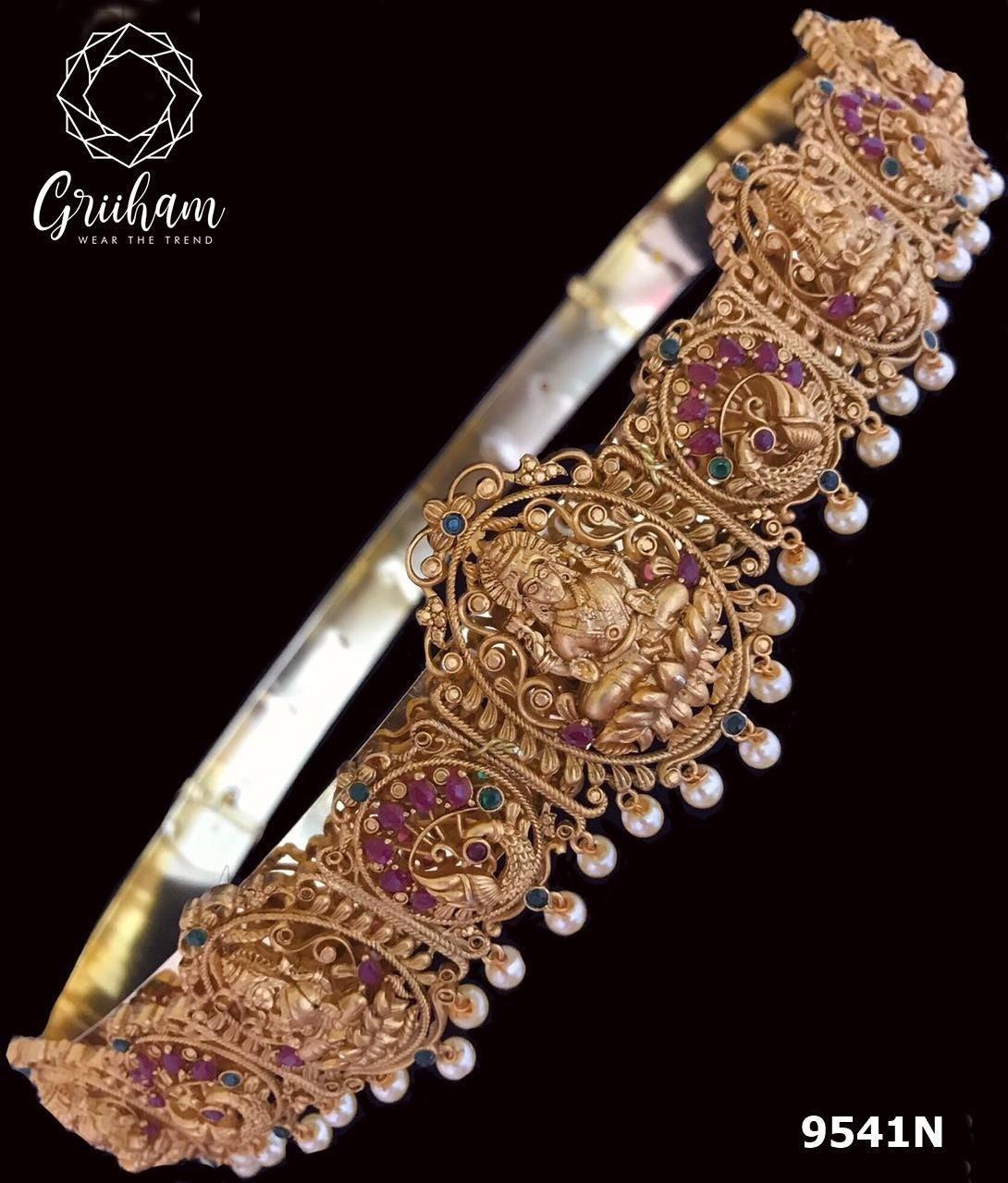 Real unpolished stones Laxmi ruby/emerald in gold antique finish Vadanam/Vodiannam/waistbelt 9451N - Griiham