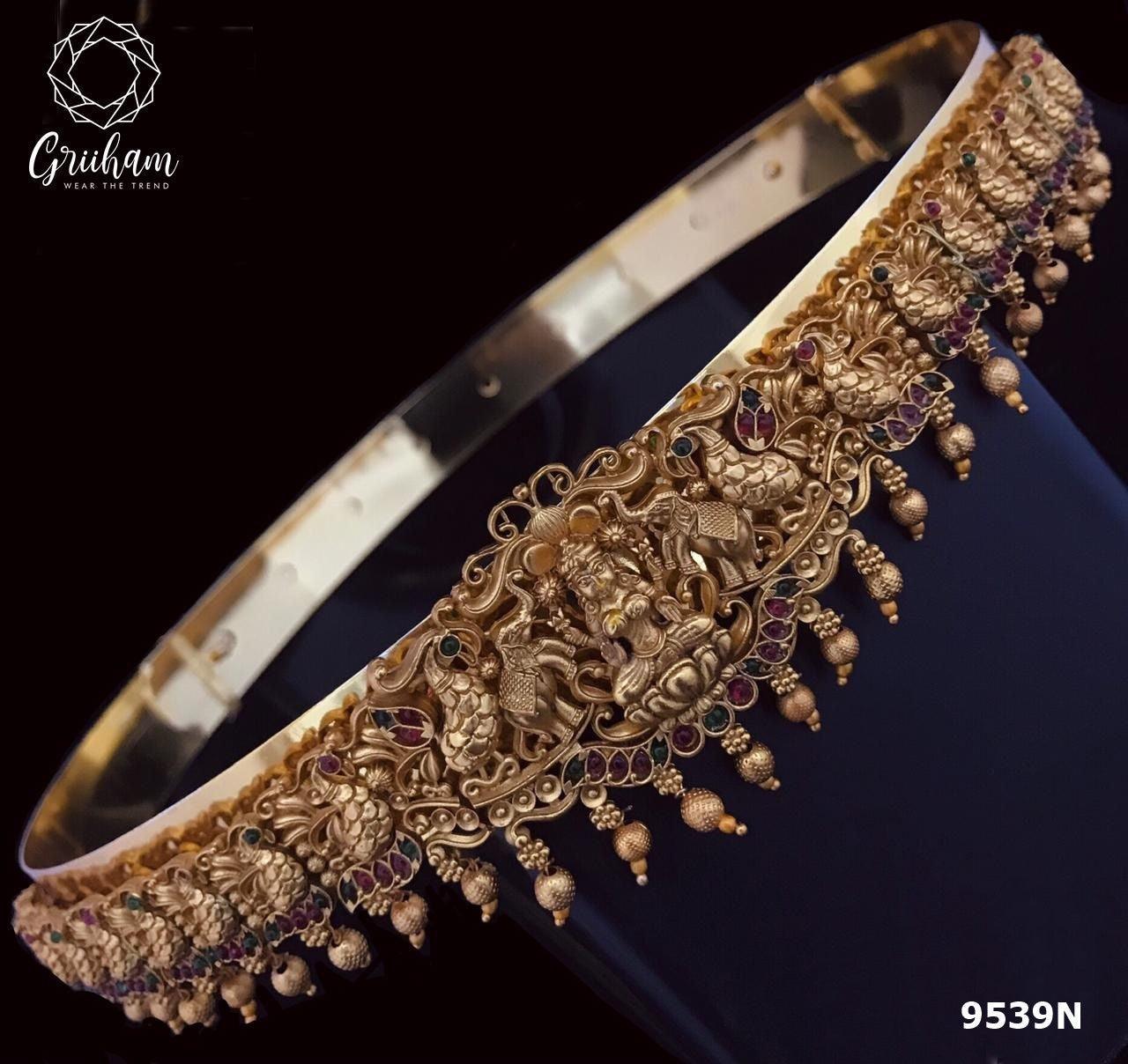 Real unpolished stones Laxmi ruby/emerald in gold antique finish Vadanam/Vodiannam/waistbelt 9539N - Griiham