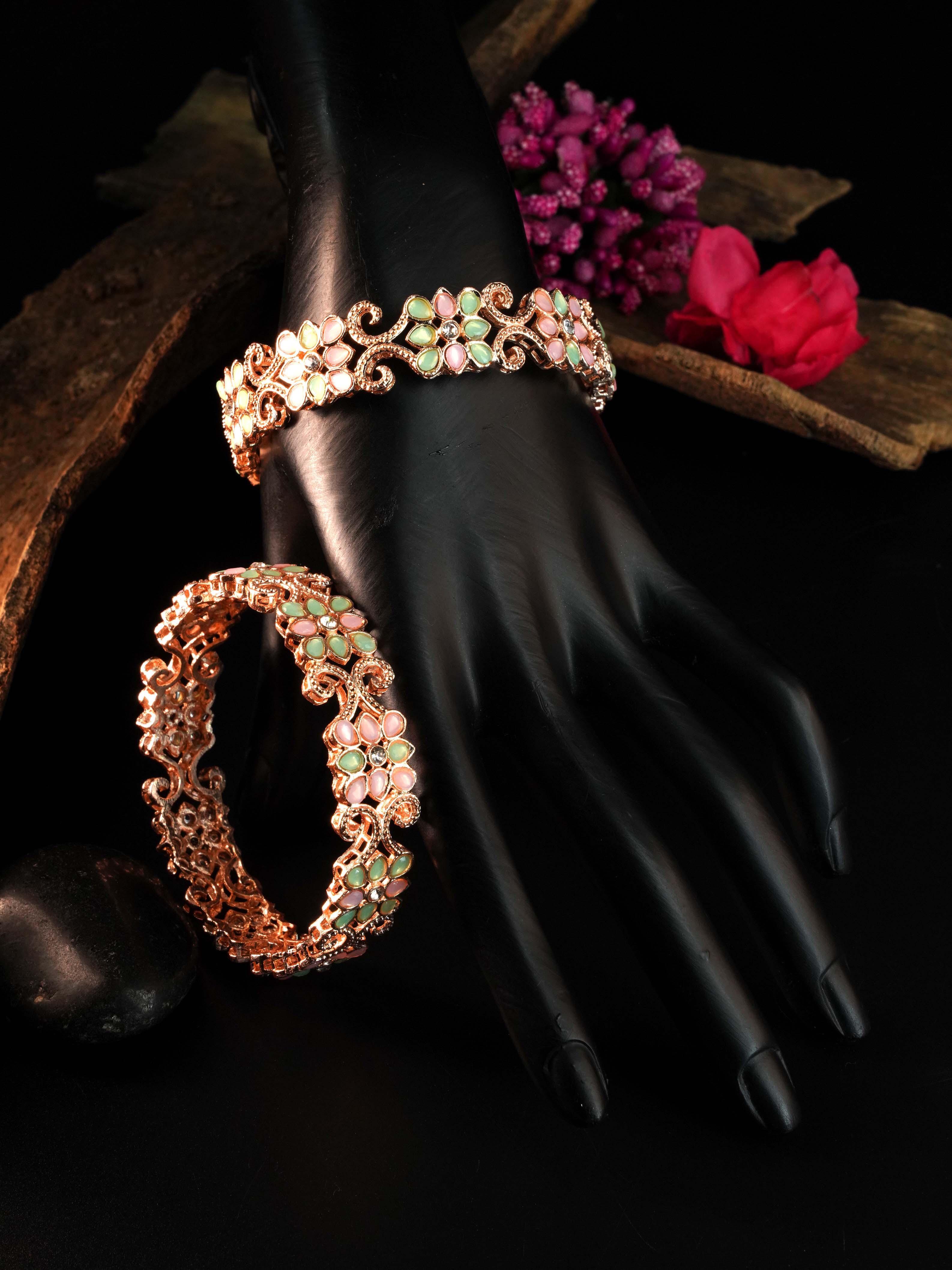 Rose Gold Plated Set of 2 designer Bangles with Mint Green and Mint Pink Color 9336B - Griiham