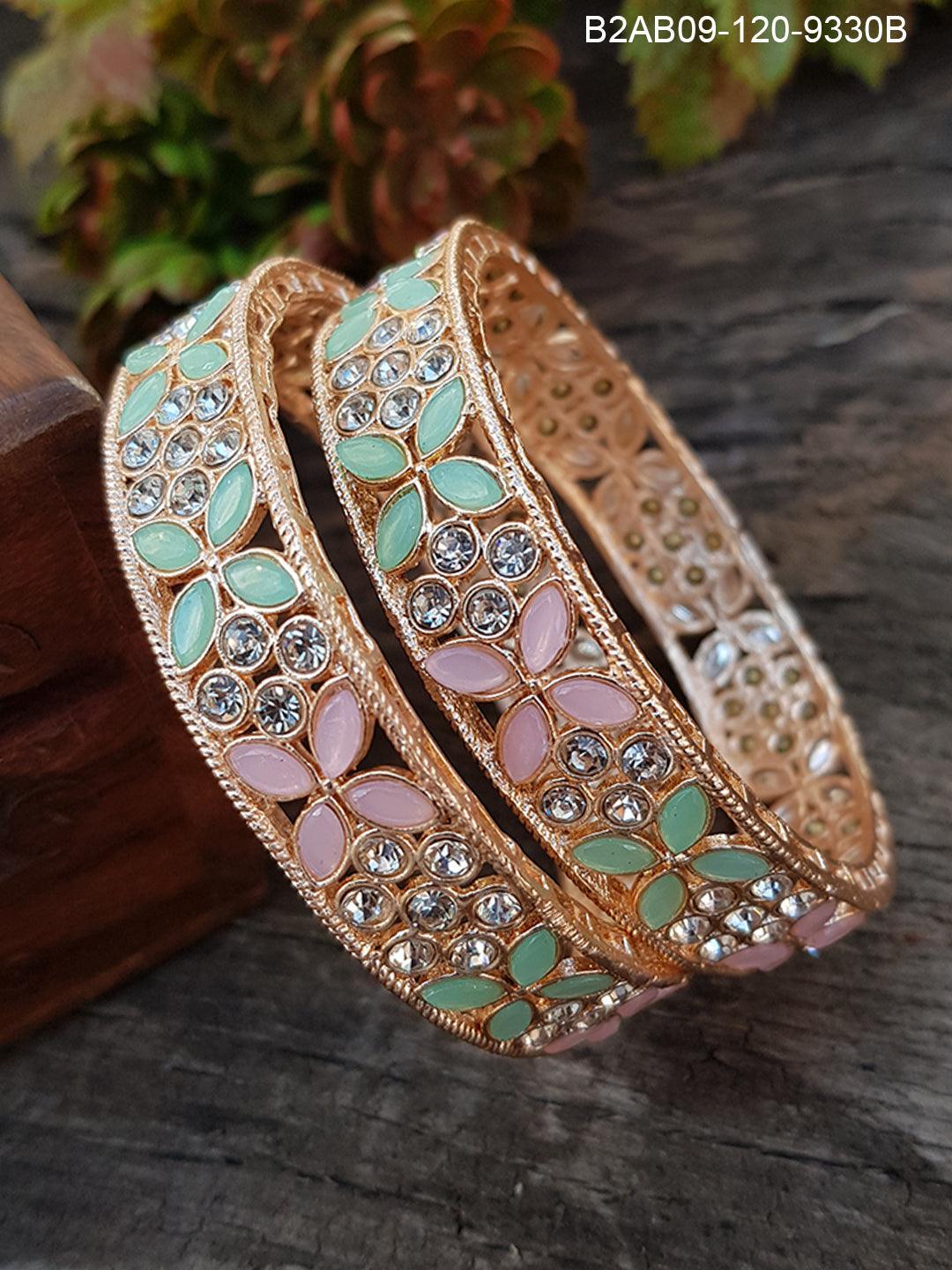 Rose Gold Plated Set of 2 designer Bangles with Mint Green and Mint Pink Color9331C - Griiham