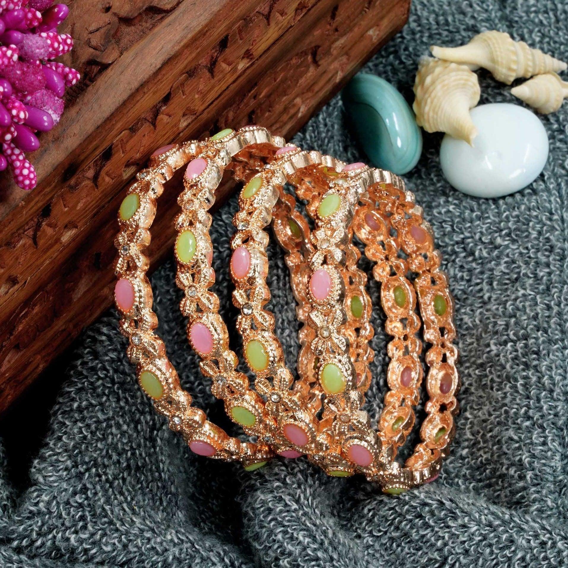 Rose Gold Plated Set of 4 designer Bangles with Mint color green pink stones 9332B - Griiham