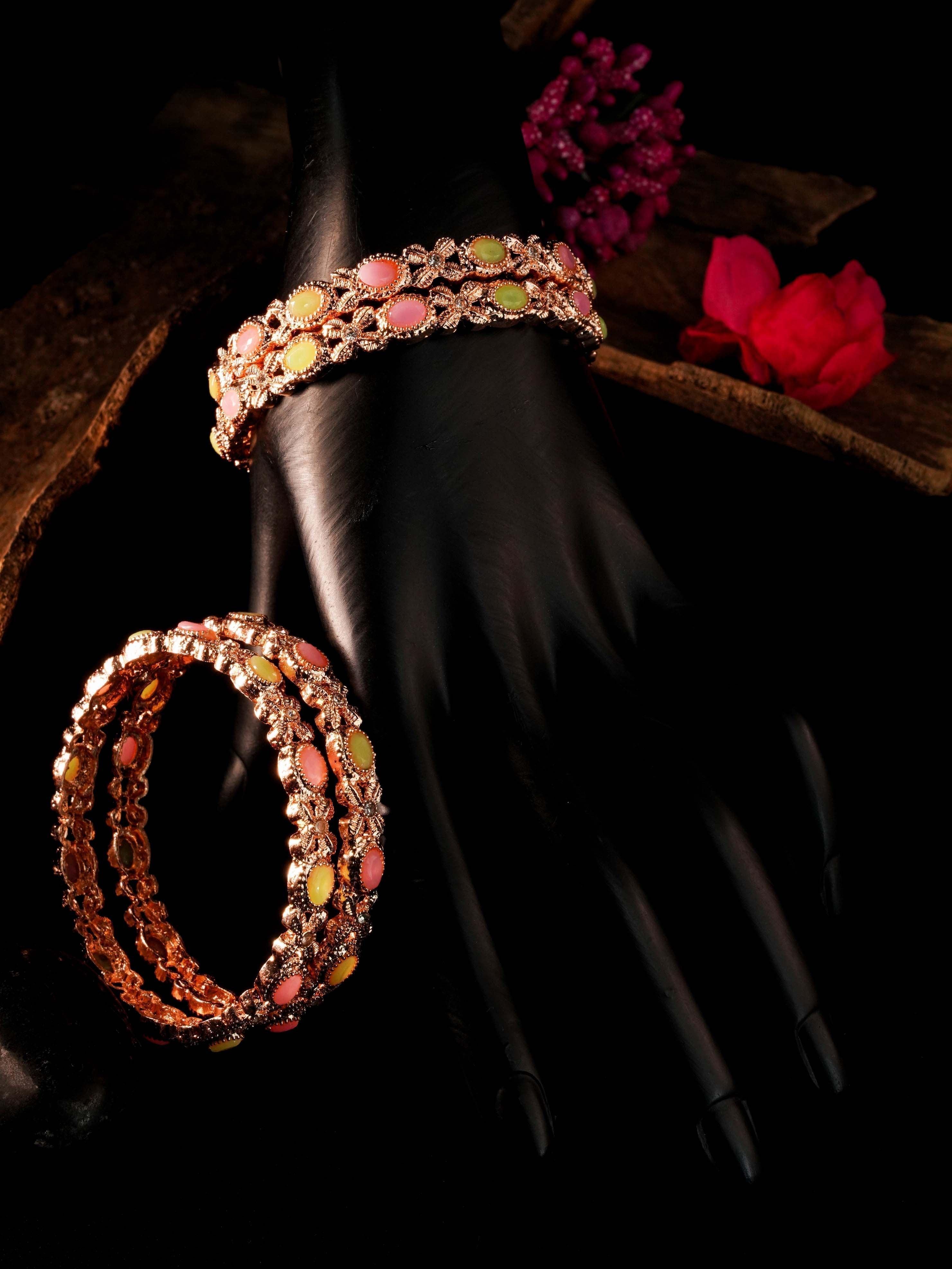 Rose Gold Plated Set of 4 designer Bangles with Mint color green pink stones 9332B - Griiham