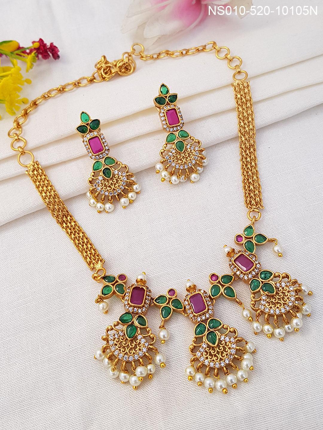 Ruby emerald Necklace with pearl beads hanging Exclusive Designer Necklace 10105N - Griiham