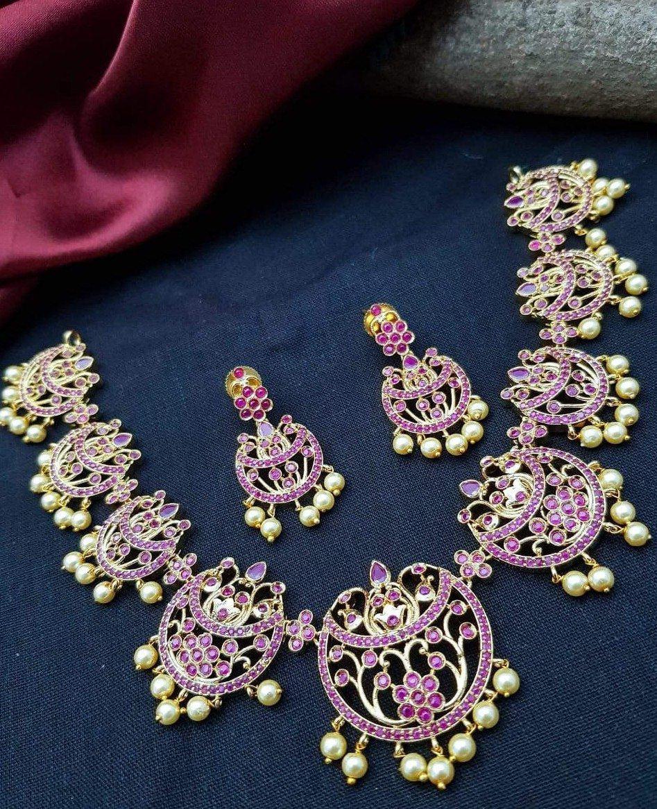 Sayara AD Collection High Quality Full Ruby Stones Chandbali Design Short Necklace set