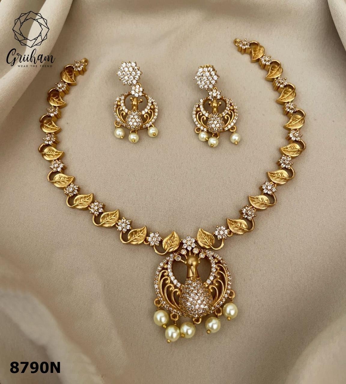 Sayara Collection Peacock design Full White Cz Necklace Set 8790N-Necklace Set-season end sale item-Griiham