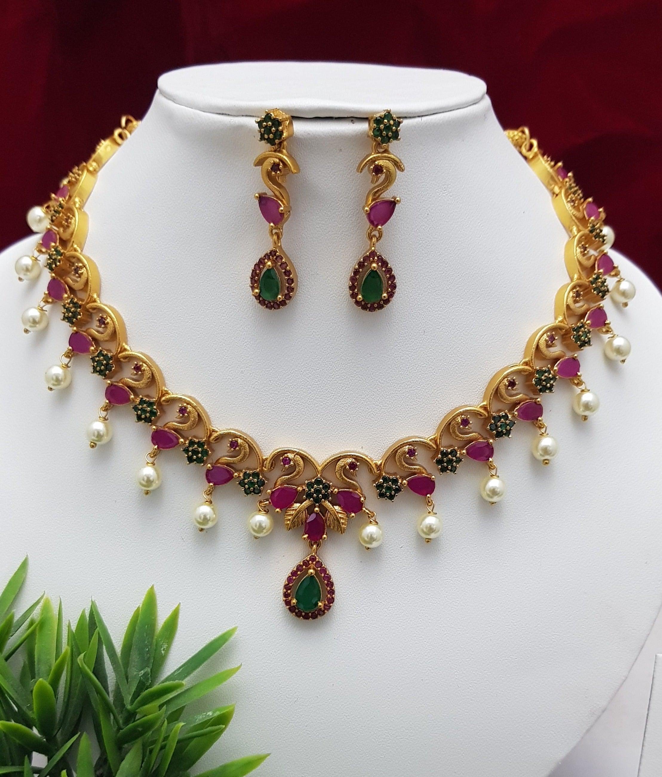 Sayara Collection Peacock drop CZ stone Party Wear Necklace Set 9403N - Griiham