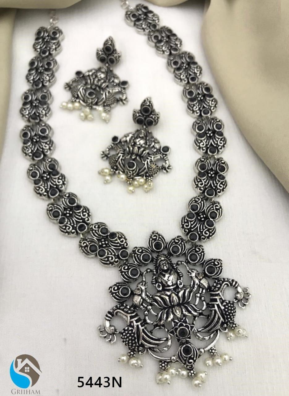 Silver Oxidised Best Seller Long Laxmi Hara with Black AD Stone Necklace set