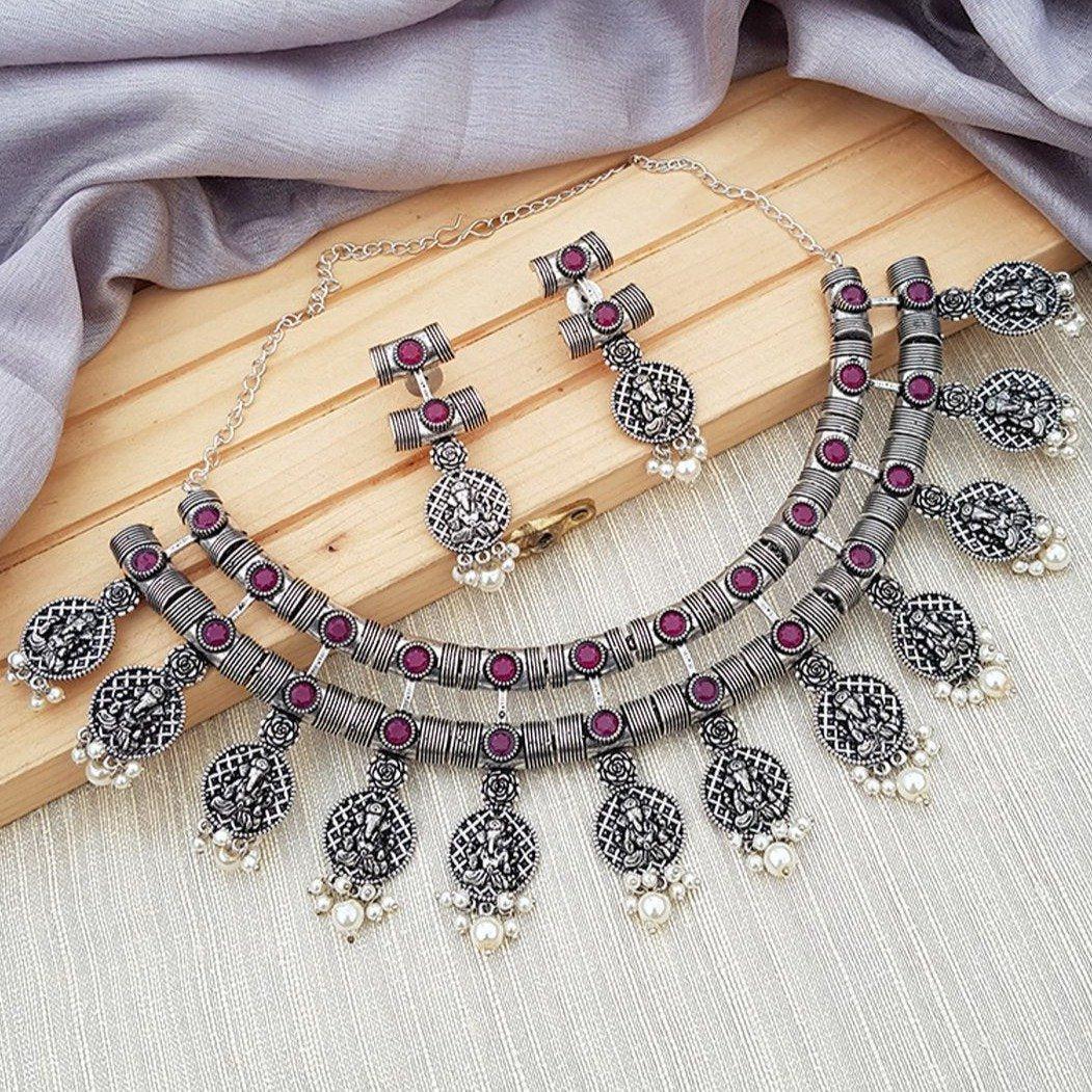 Silver Oxidised Contemporary Design short Necklace set with Ruby red stones