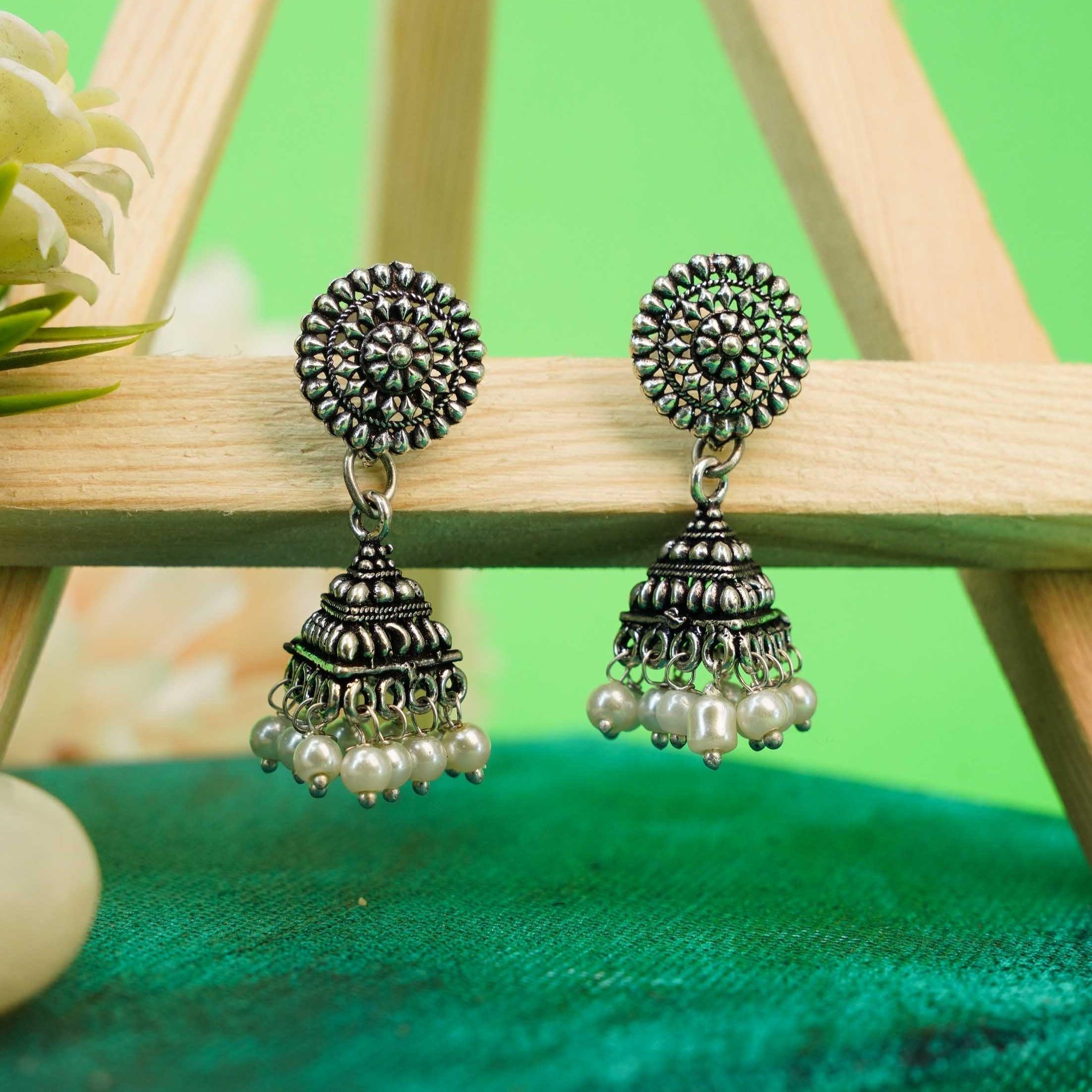 Silver Oxidised Cute Jhumkis / Earrings danglers 9790N - Griiham