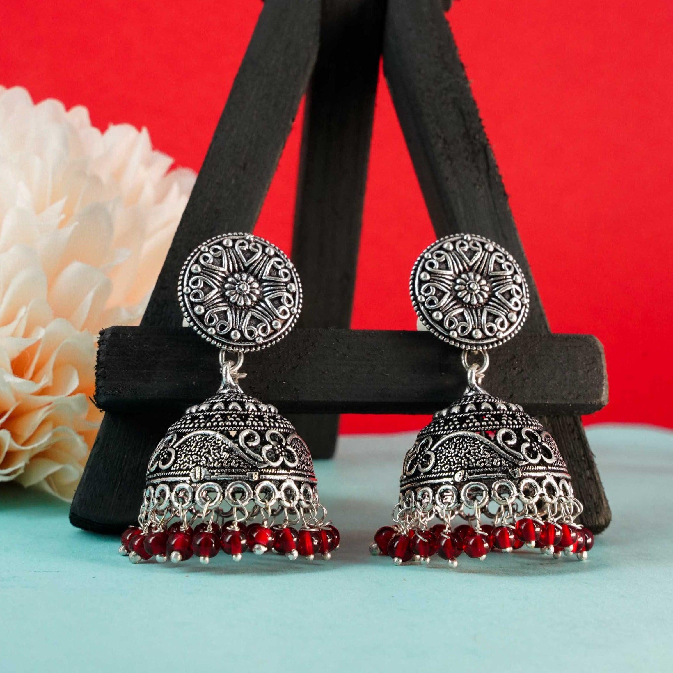 Silver Oxidised Exclusive Design Jhumkis / Earrings with different color options 9746N - Griiham