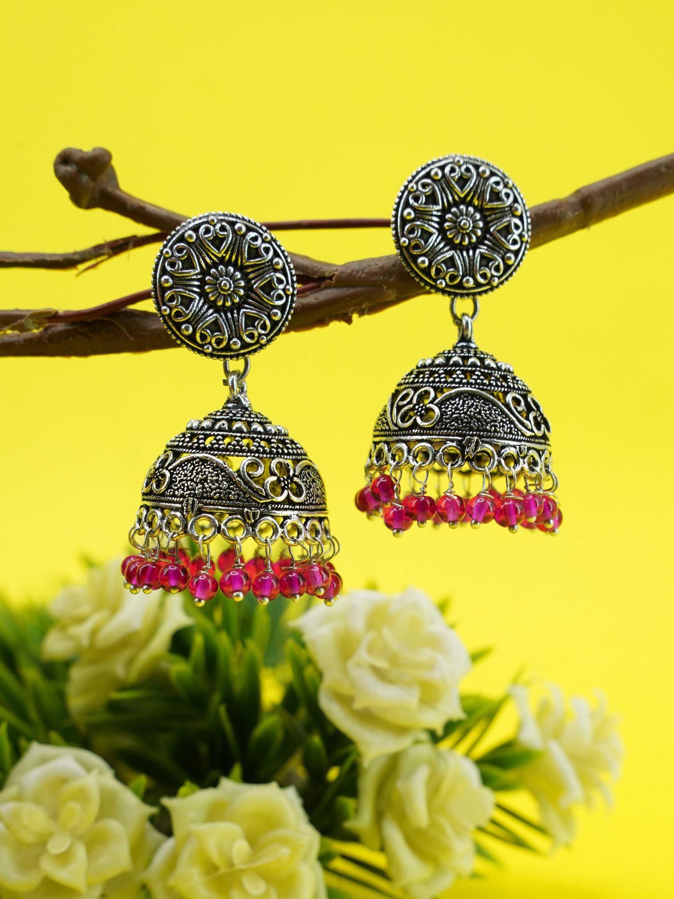 Silver Oxidised Exclusive Design Jhumkis / Earrings with different color options 9746N - Griiham