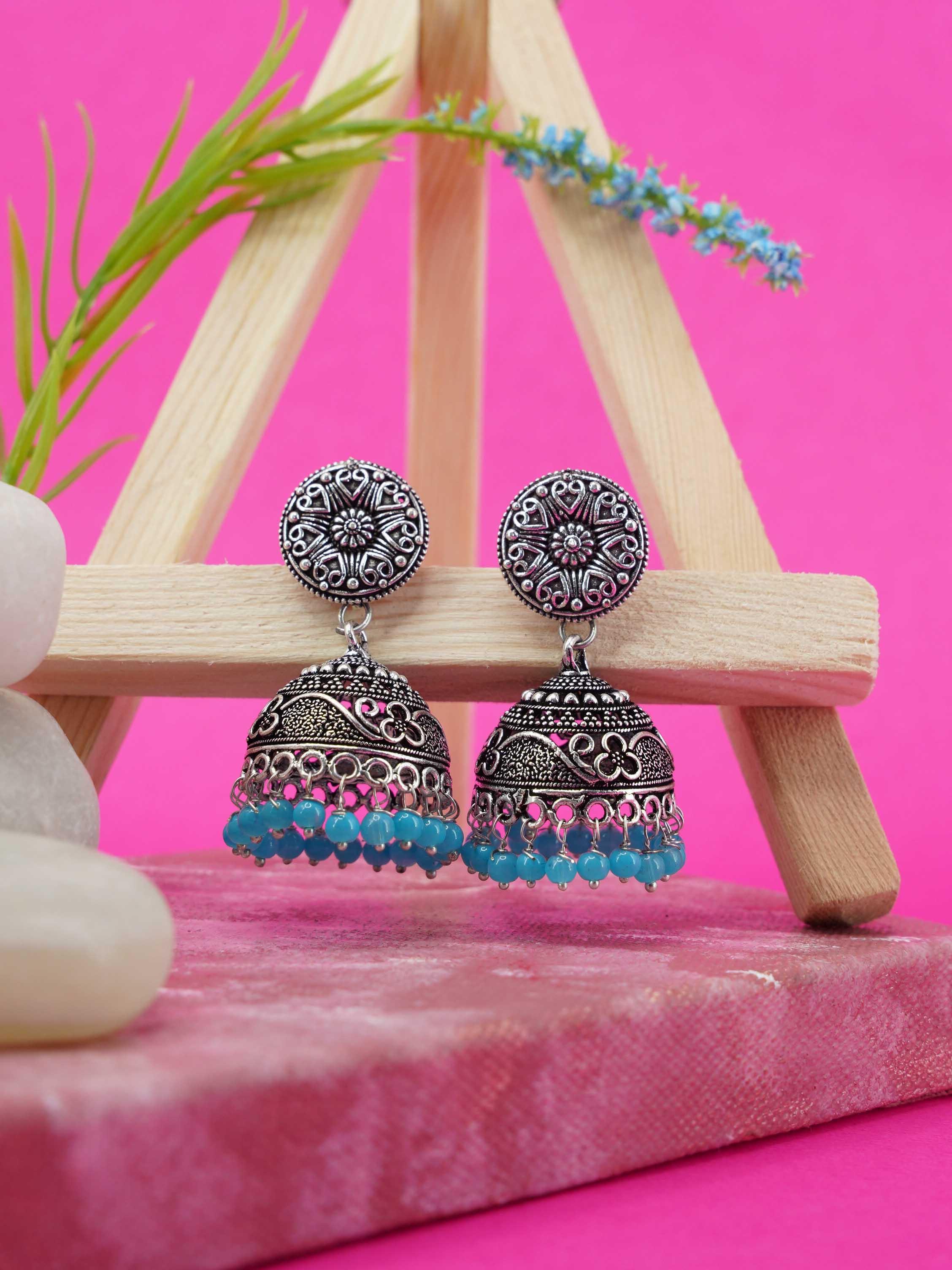 Silver Oxidised Exclusive Design Jhumkis / Earrings with different color options 9746N - Griiham