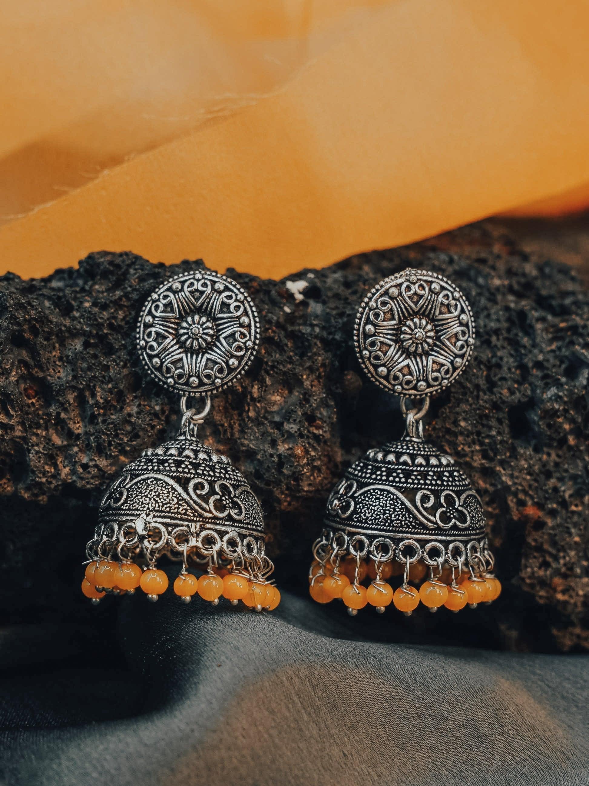 Silver Oxidised Exclusive Design Jhumkis / Earrings with different color options 9746N - Griiham