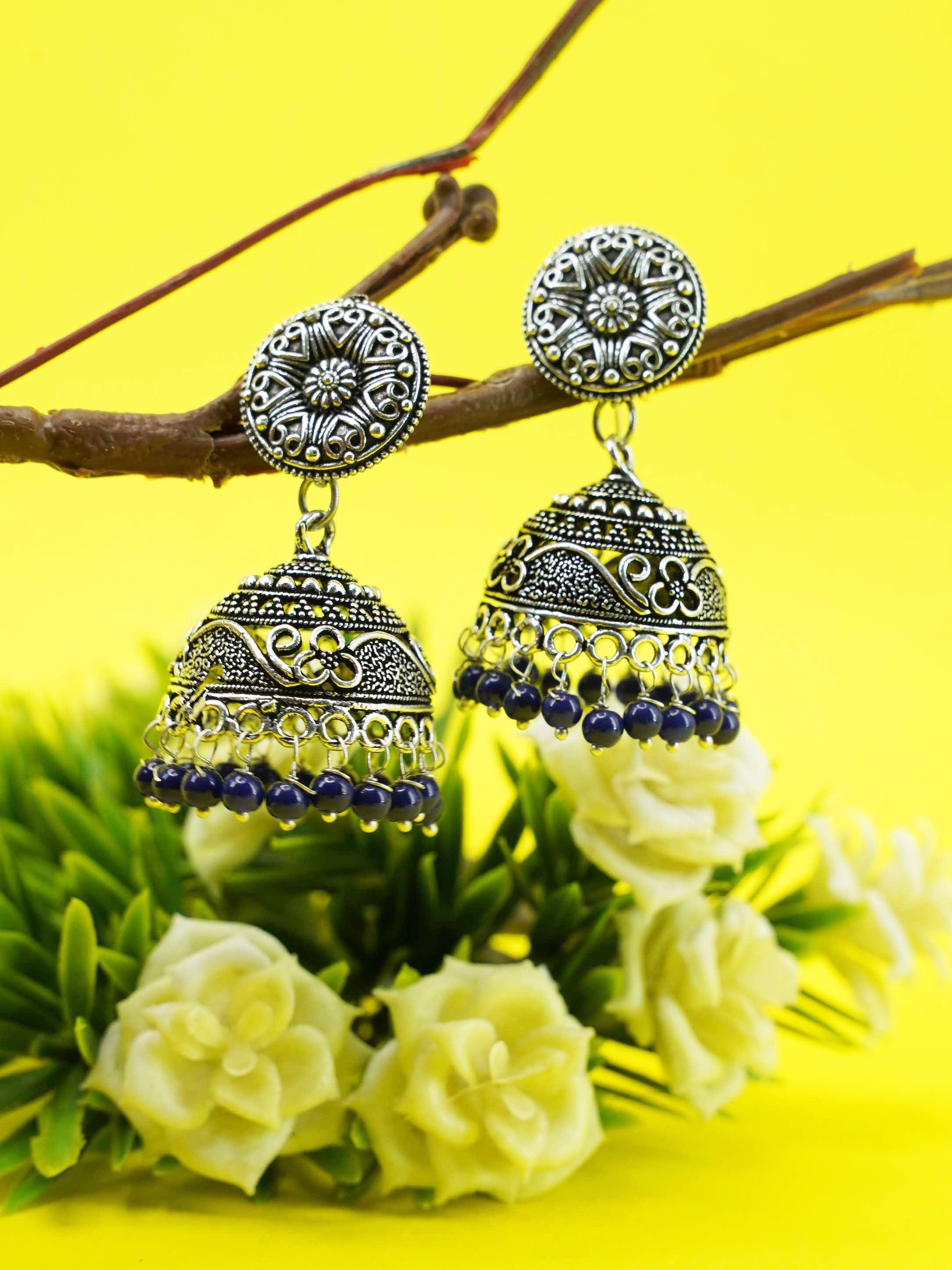 Silver Oxidised Exclusive Design Jhumkis / Earrings with different color options 9746N - Griiham