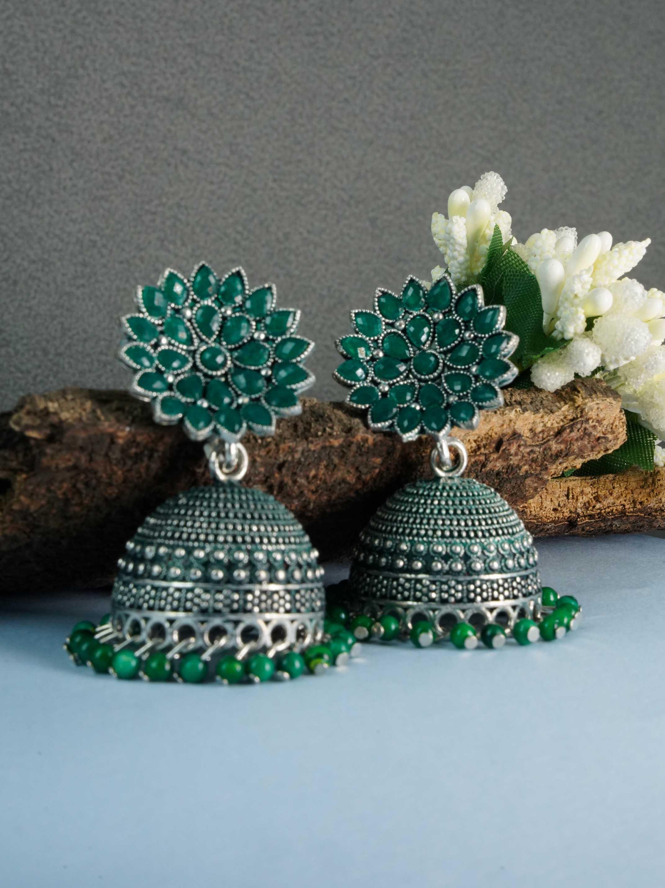 Silver Oxidised Exclusive Design Jhumkis / Earrings with different color options 9830N - Griiham