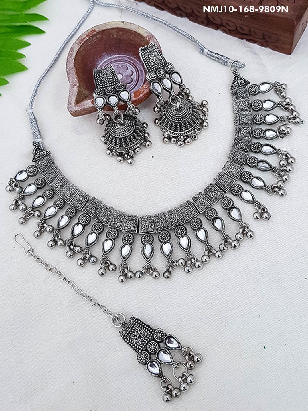 Silver Oxidised Exclusive Designer Necklace Set for special occasion 9809N - Griiham