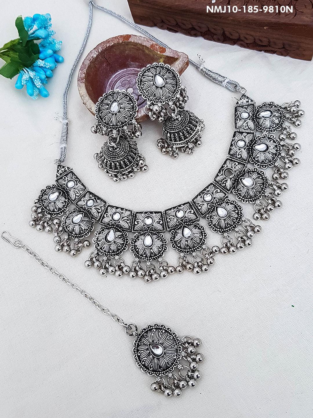 Silver Oxidised Exclusive Designer Necklace Set for special occasion 9810N - Griiham