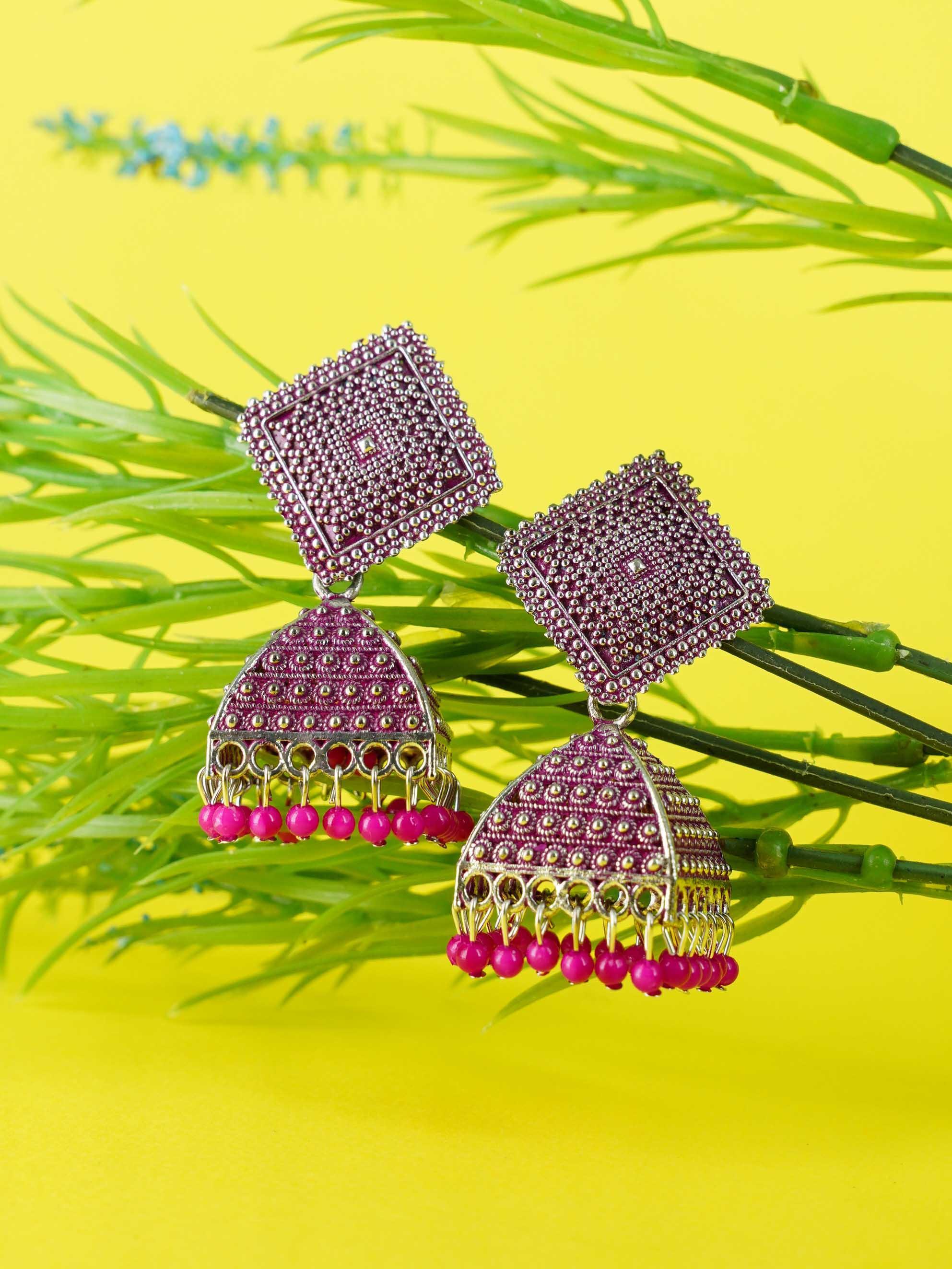 Silver Oxidised Exclusive Geometric shapes Jhumkis / Earrings with different color options 9763N - Griiham