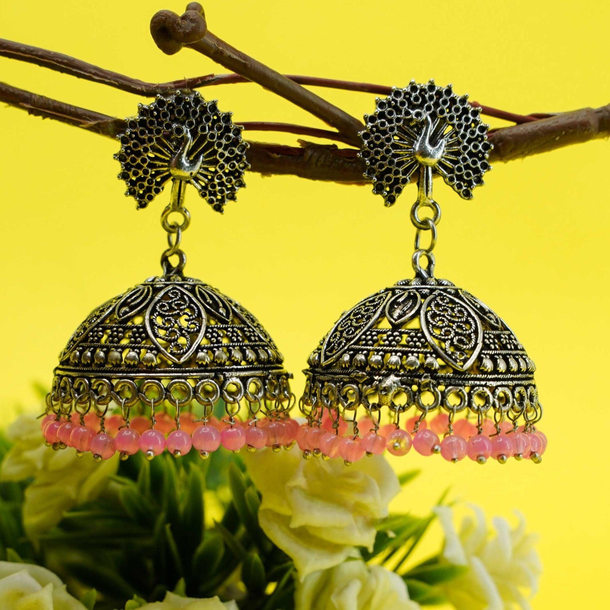 Silver Oxidised Exclusive Peacock designs Jhumkis / Earrings 9747N - Griiham