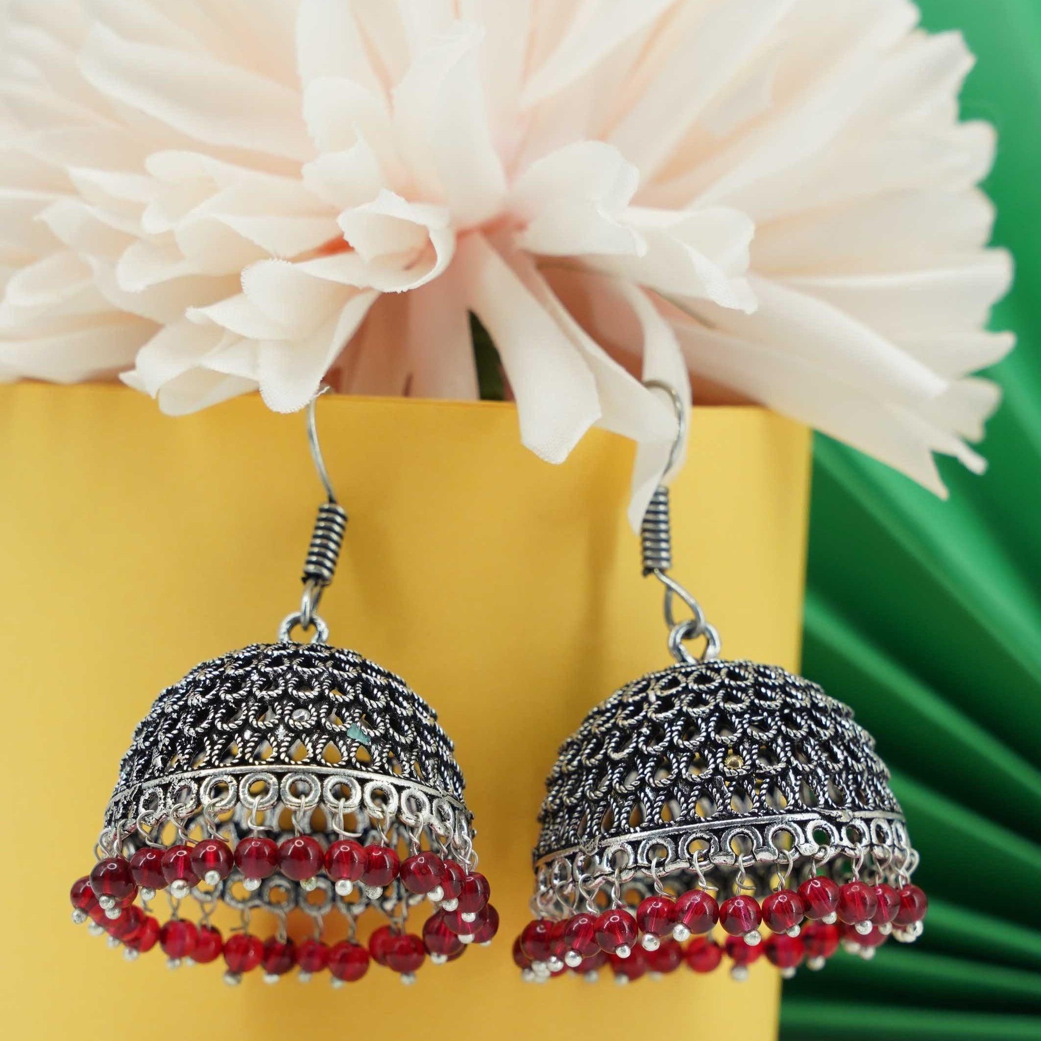 Silver Oxidised Exclusive designs Jhumkis / Earrings with diff colour options 9788N - Griiham