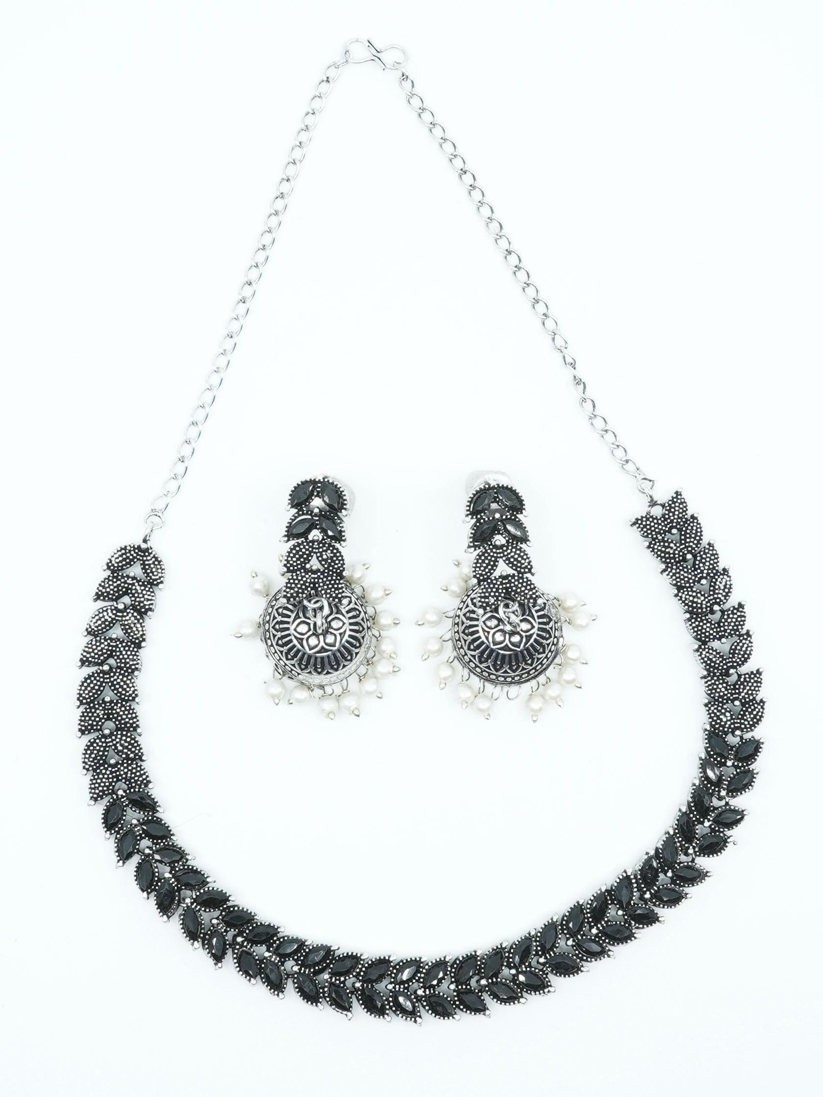 Silver Oxidised Medium Size Designer Necklace Set for special occasion 10668N - Griiham