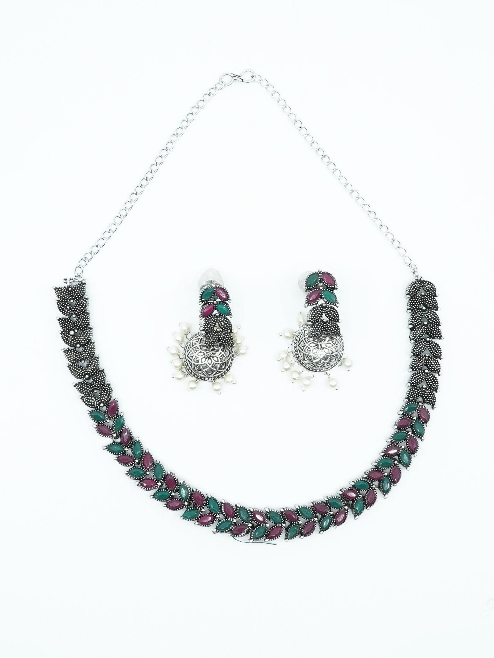 Silver Oxidised Medium Size Designer Necklace Set for special occasion 10668N - Griiham