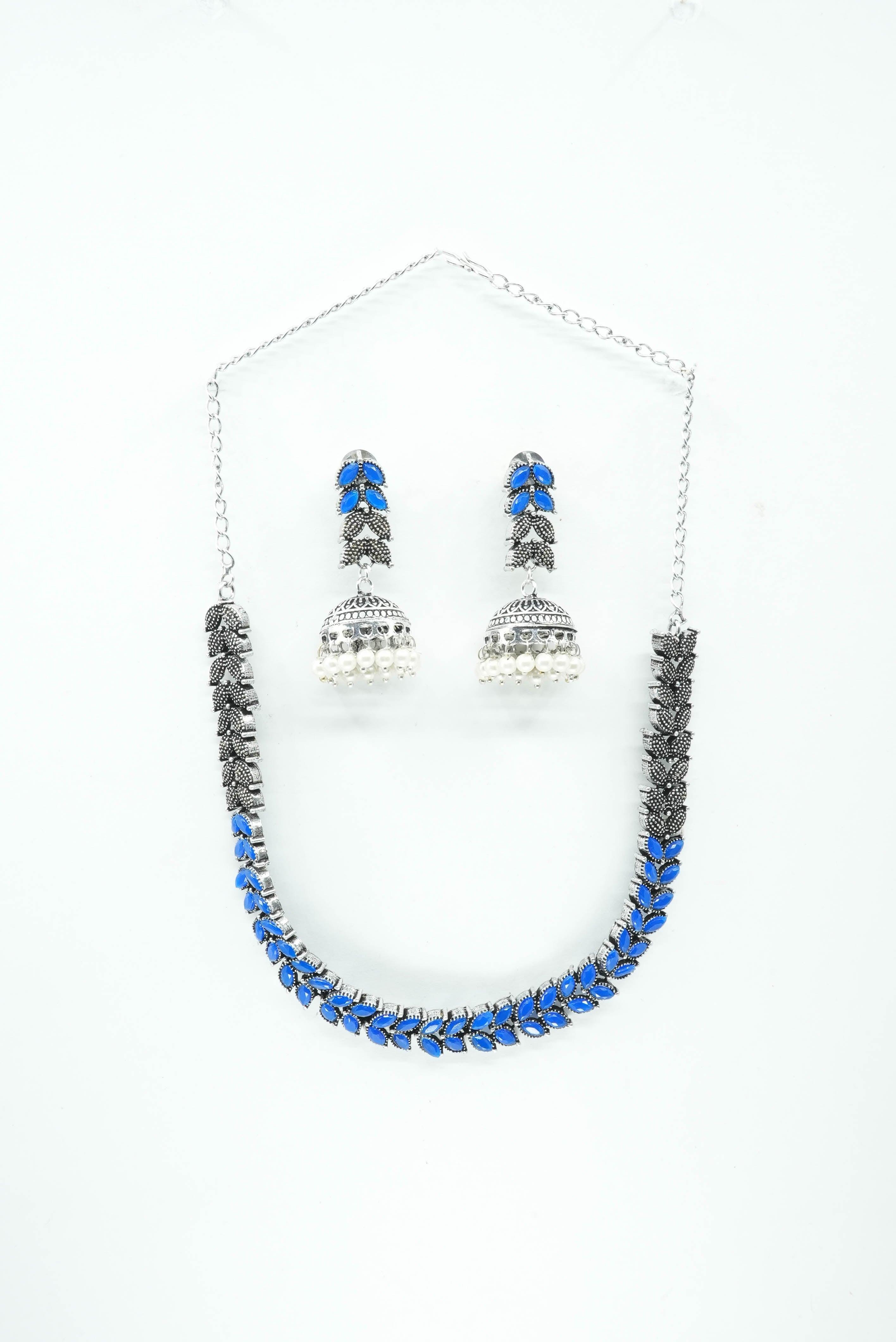 Silver Oxidised Medium Size Designer Necklace Set for special occasion 10668N - Griiham