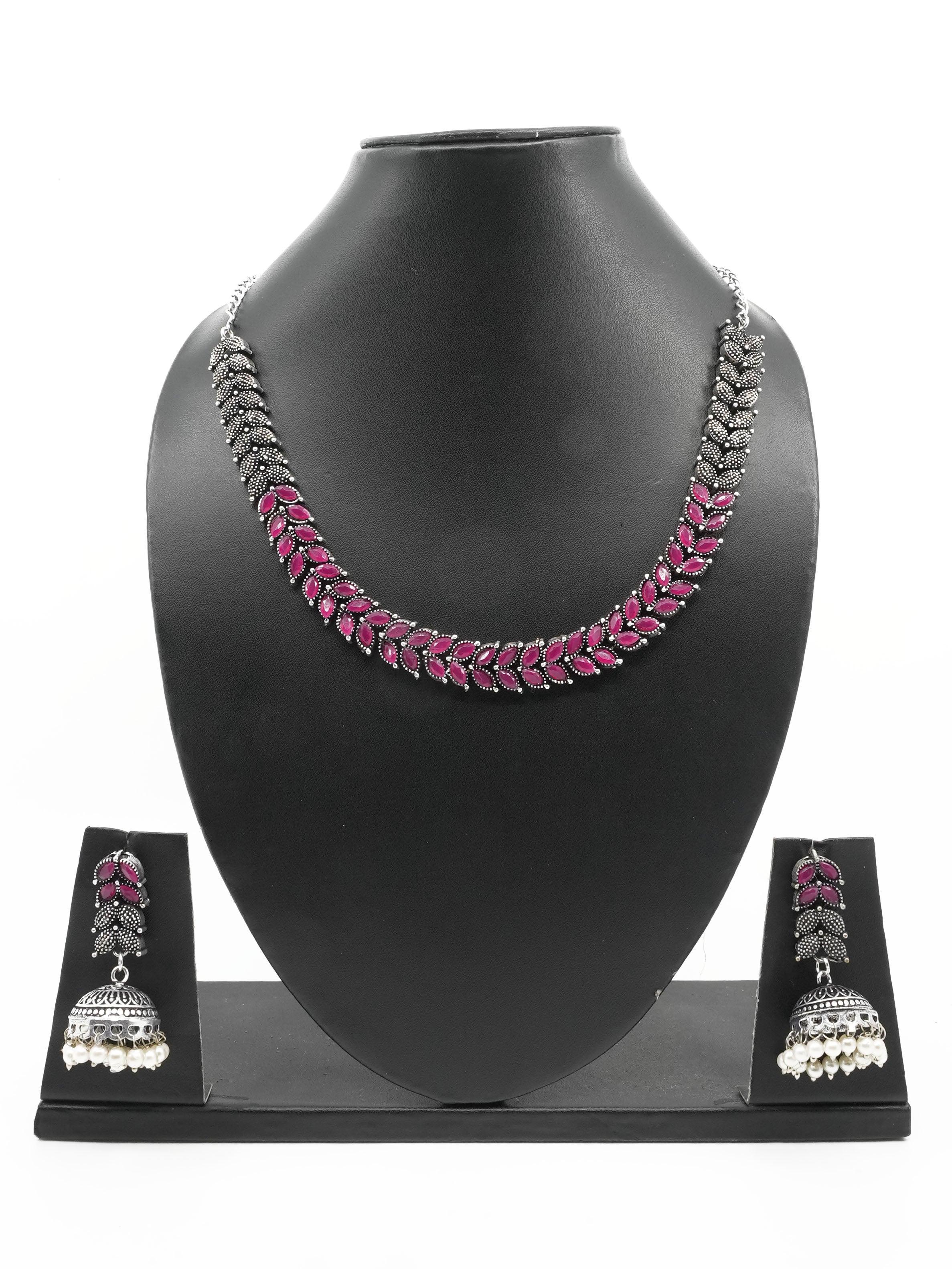 Silver Oxidised Medium Size Designer Necklace Set for special occasion 10668N - Griiham