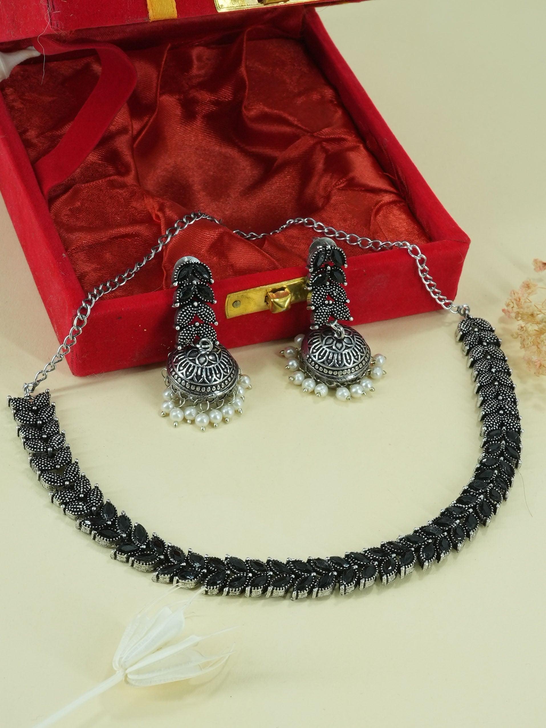 Silver Oxidised Medium Size Designer Necklace Set for special occasion 10668N - Griiham