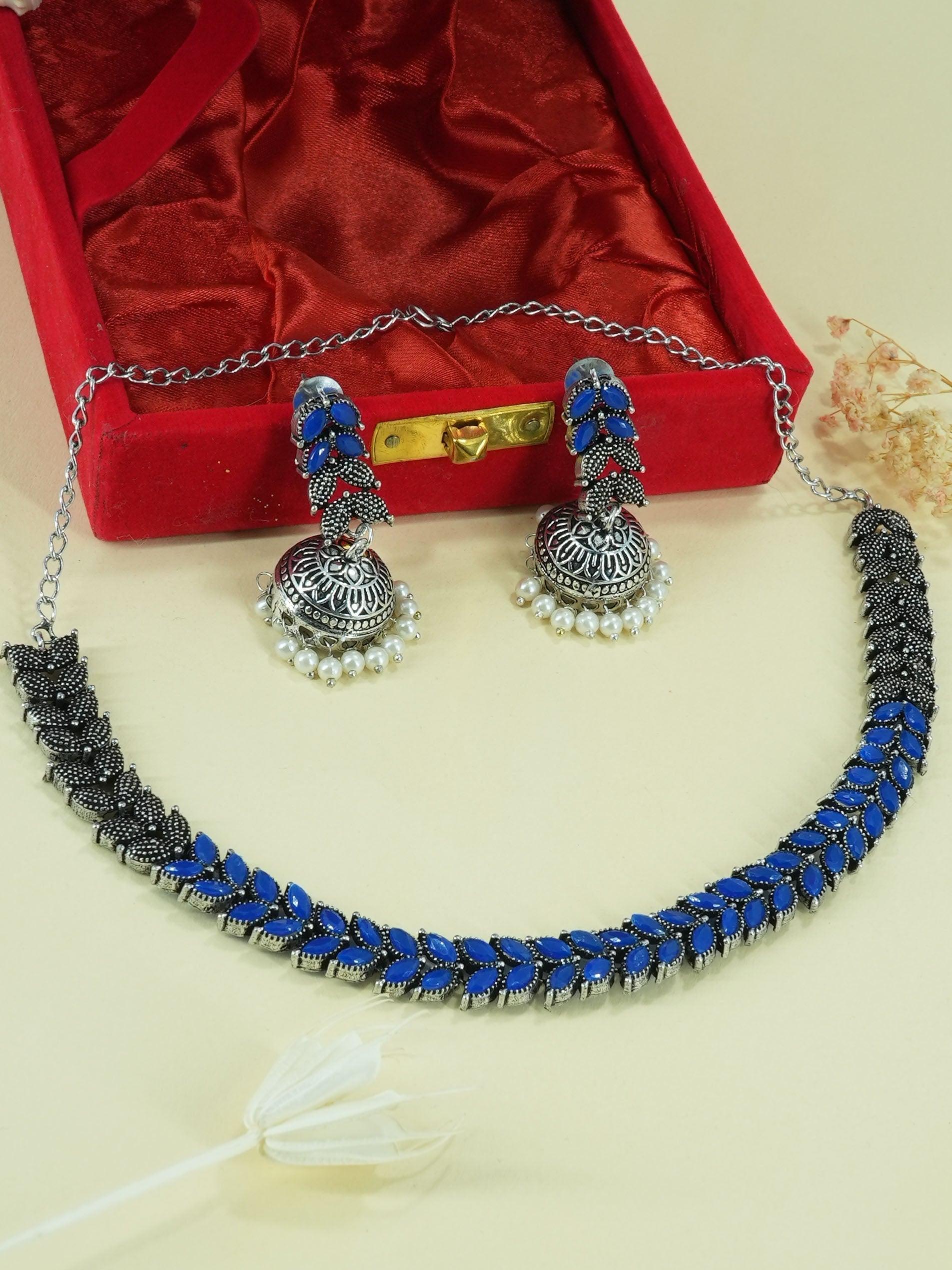 Silver Oxidised Medium Size Designer Necklace Set for special occasion 10668N - Griiham