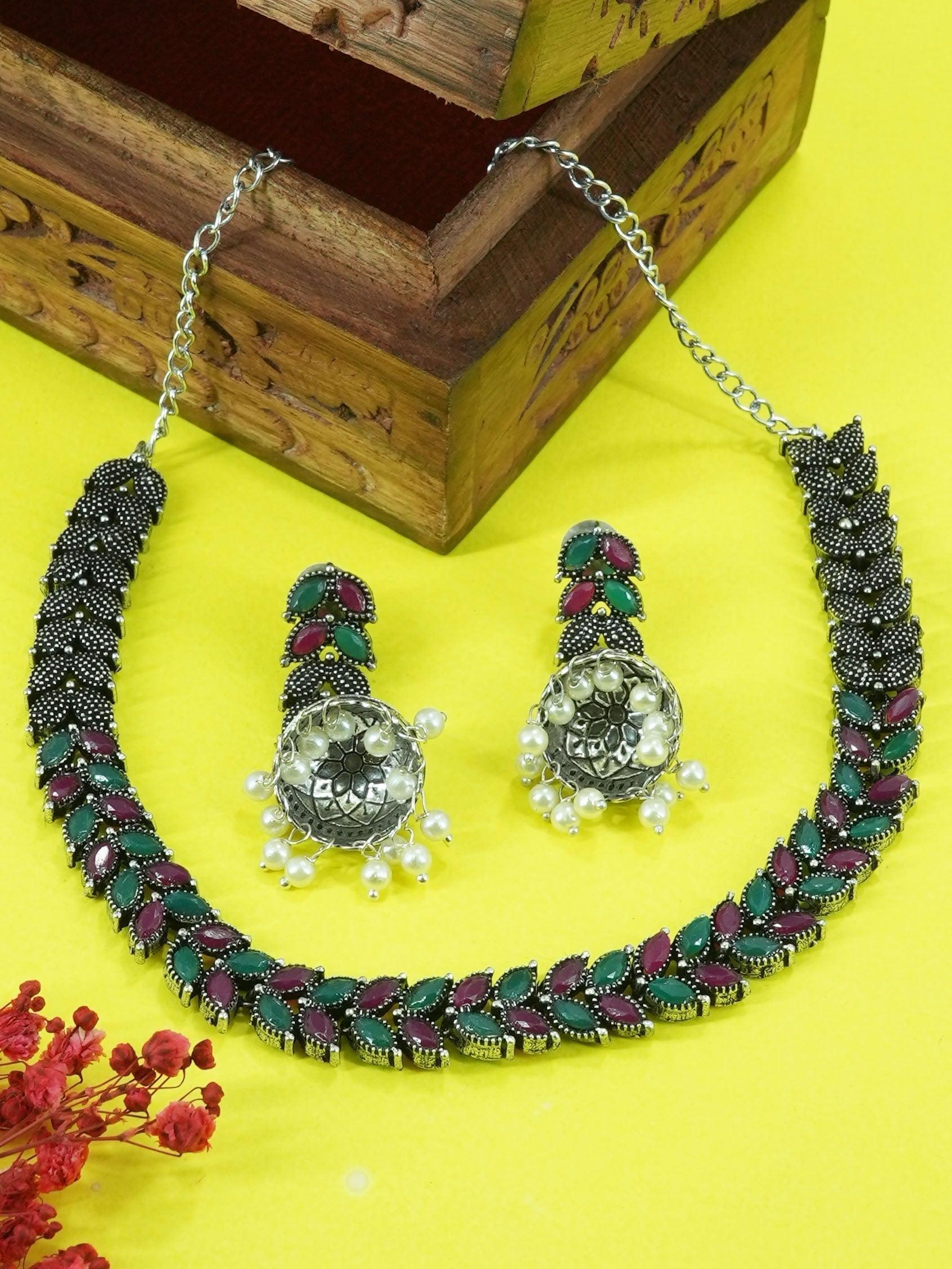 Silver Oxidised Medium Size Designer Necklace Set for special occasion 10668N - Griiham