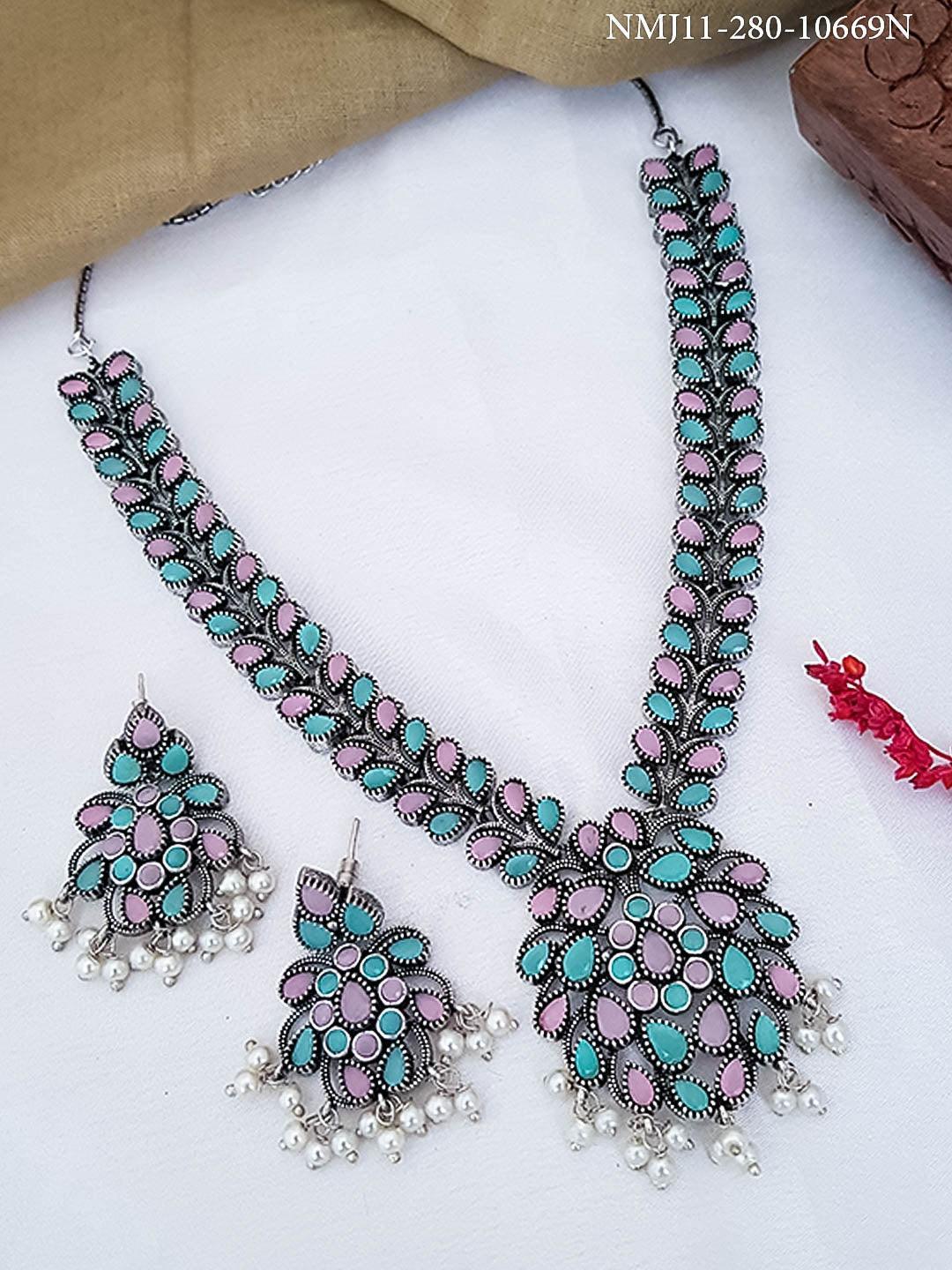 Silver Oxidised Medium Size Designer Necklace Set for special occasion - Griiham