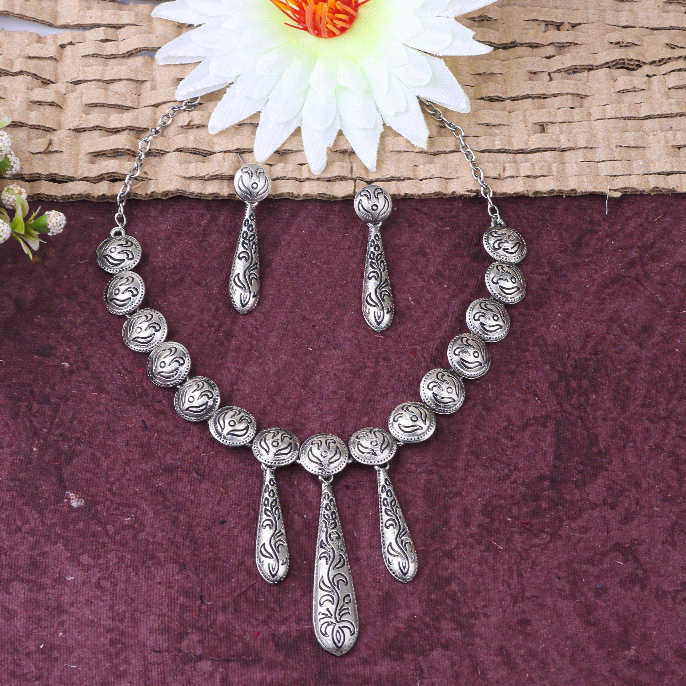 Silver Oxidised Plated Elegant Necklace Set - Griiham