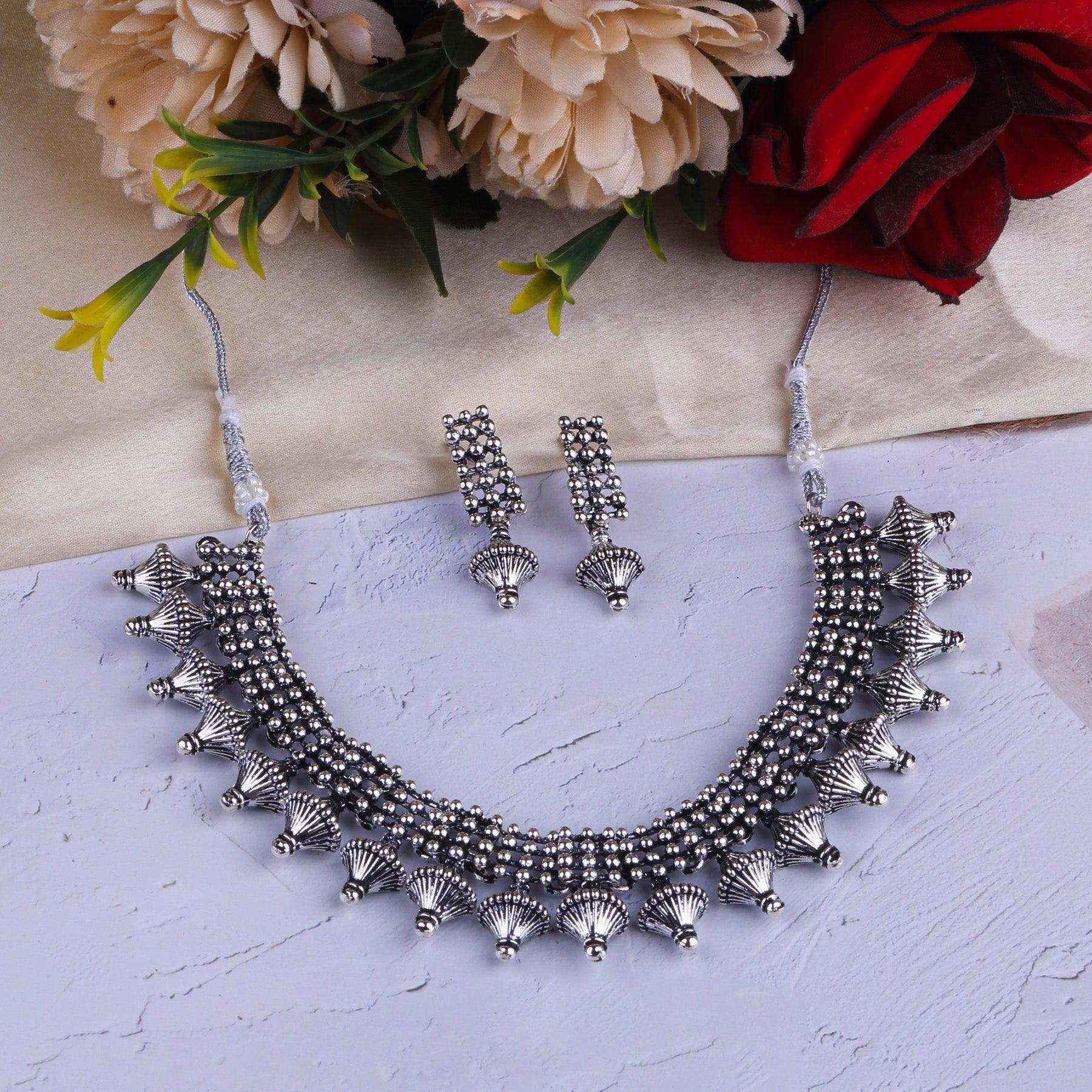 Silver Oxidised Plated Elegant Necklace Set - Griiham