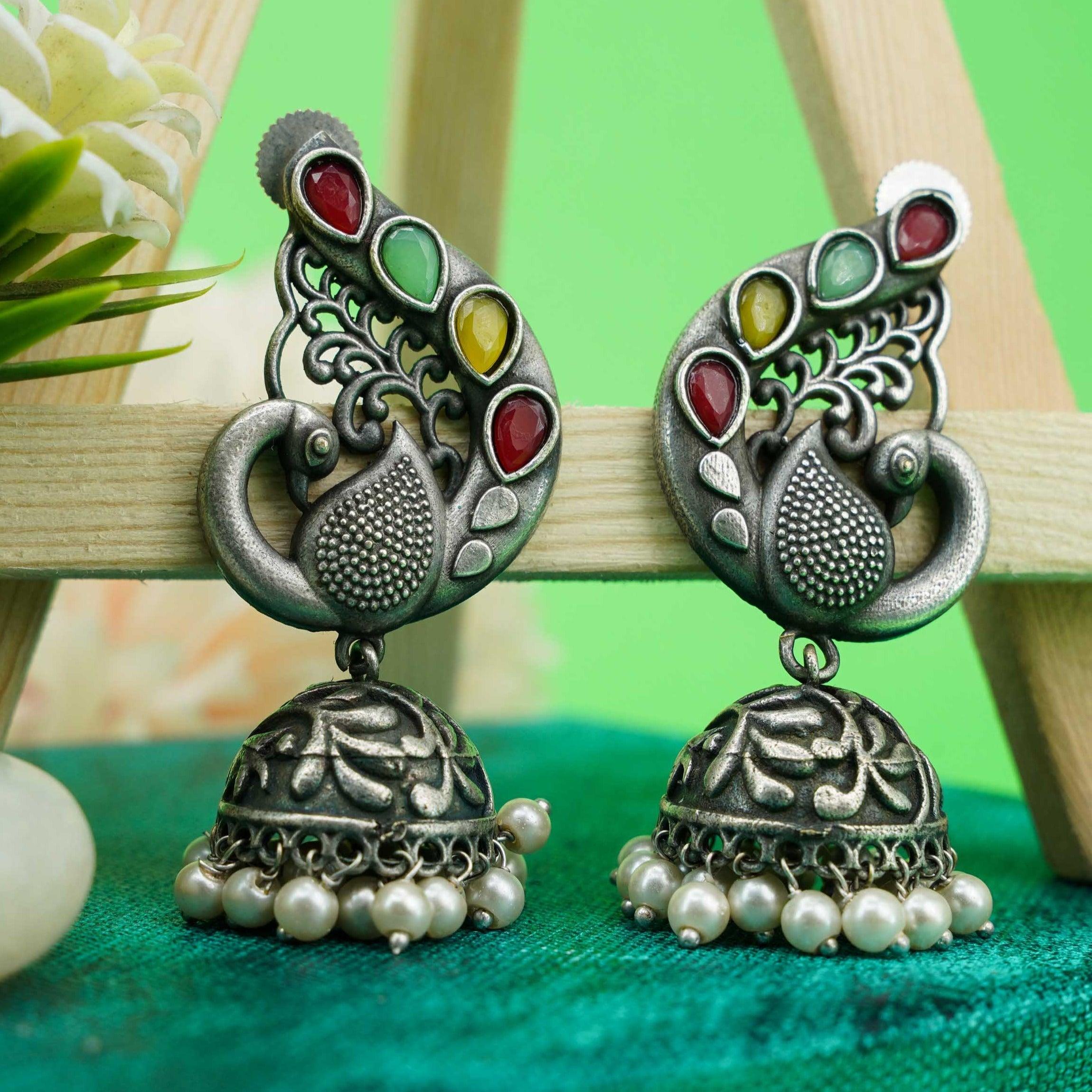 Silver Oxidised designer Peacock Jhumkis / Earrings 9735N - Griiham