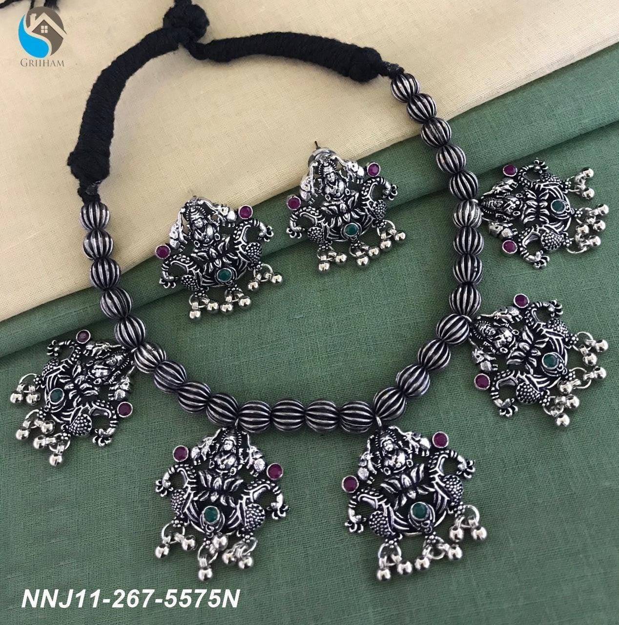 Silver Oxidised necklace set with multicolor stone