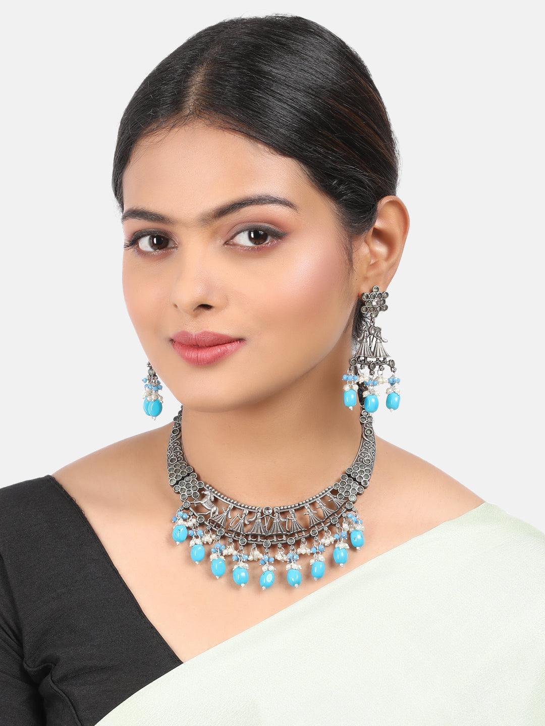 Silver Oxidised short Necklace set with Blue colour stones for all occasion - Griiham