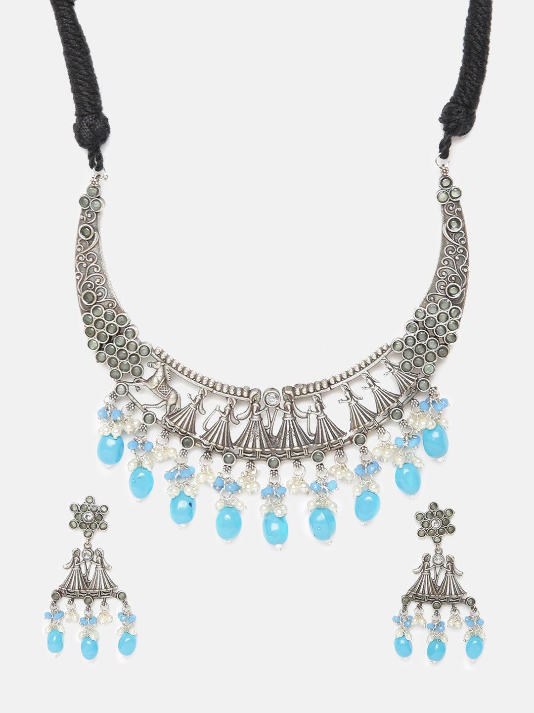 Silver Oxidised short Necklace set with Blue colour stones for all occasion - Griiham