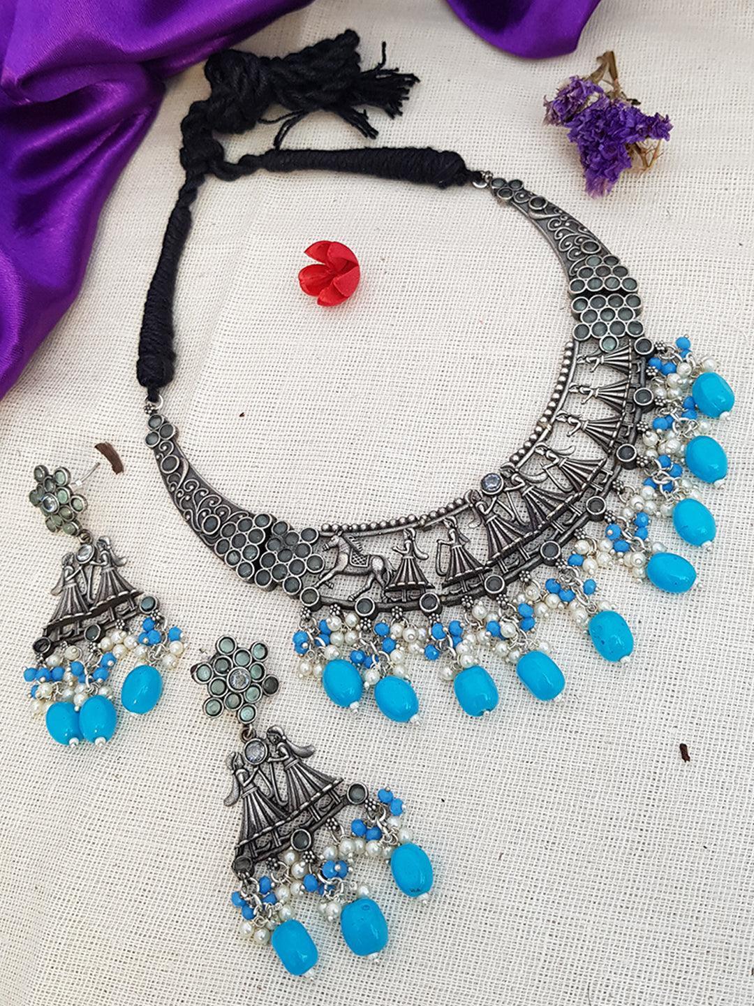 Silver Oxidised short Necklace set with Blue colour stones for all occasion